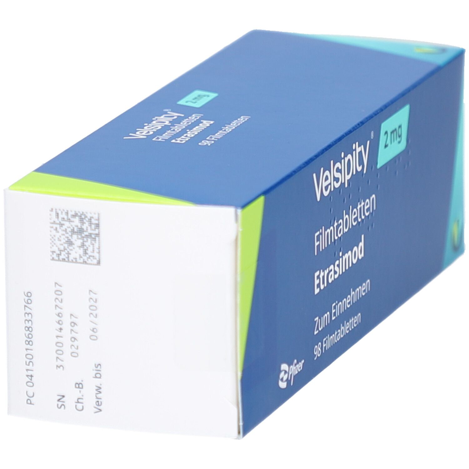 Schachtel von Velsipity 2 mg Filmtabletten. Seitenansicht mit Barcode, Chargennummer und Verfallsdatum 06/2027.