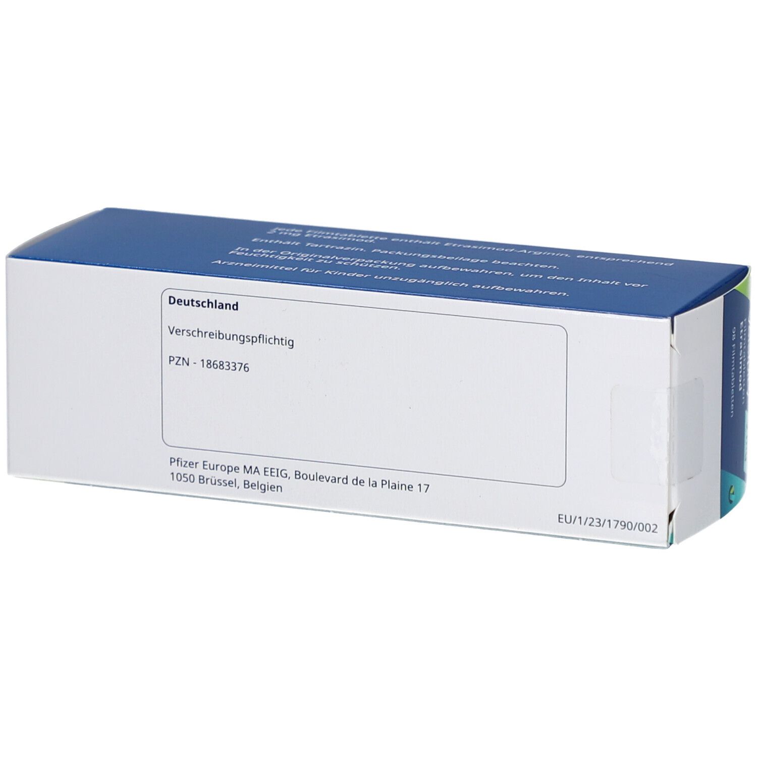 Rückseite der Velsipity 2 mg Filmtabletten-Schachtel. Text: Verschreibungspflichtig. PZN-18683376. Adresse Pfizer Europe.