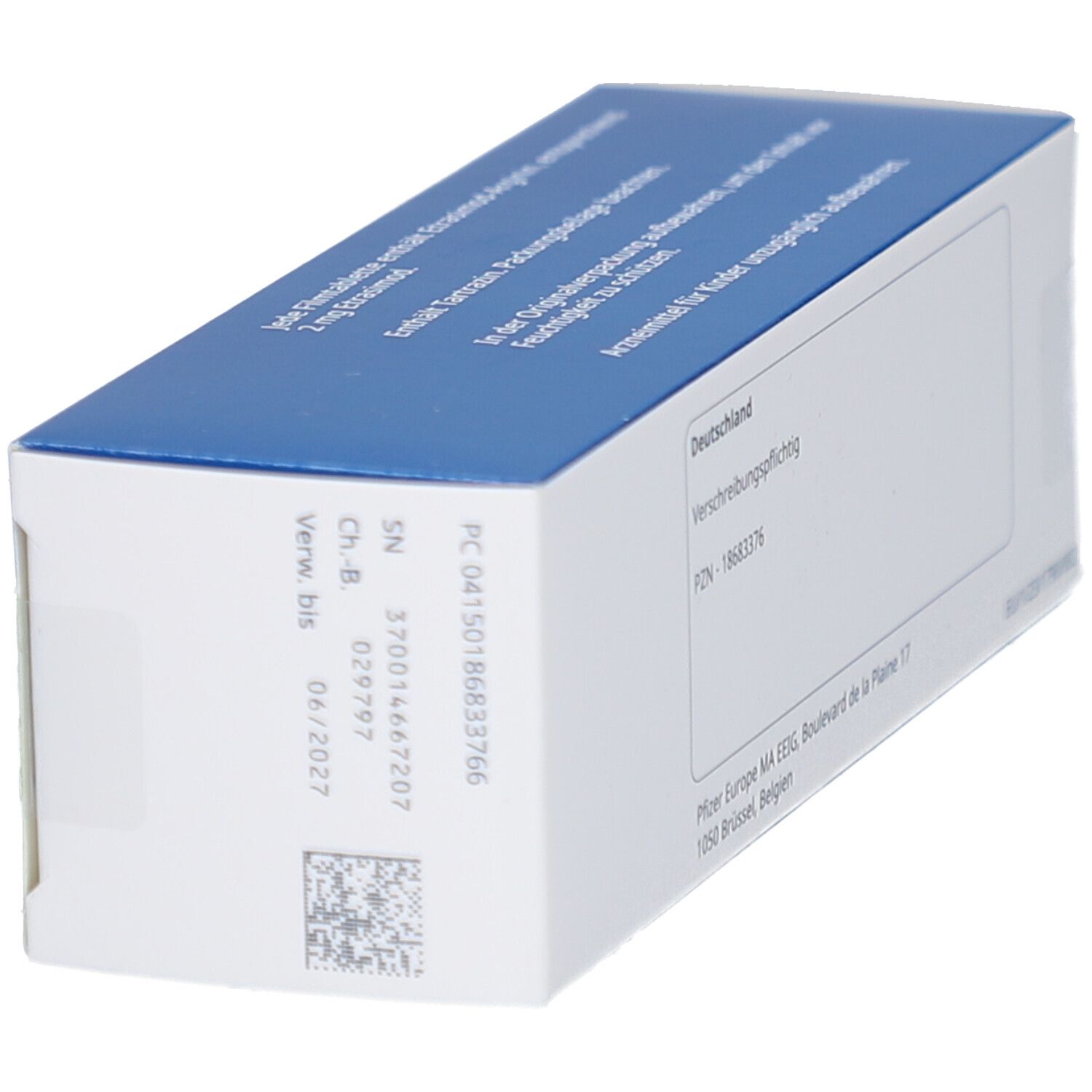 Seitenansicht der Velsipity 2 mg Filmtabletten-Schachtel. Barcode, Chargennummer, Verfallsdatum 06/2027. Text: Verschreibungspflichtig.