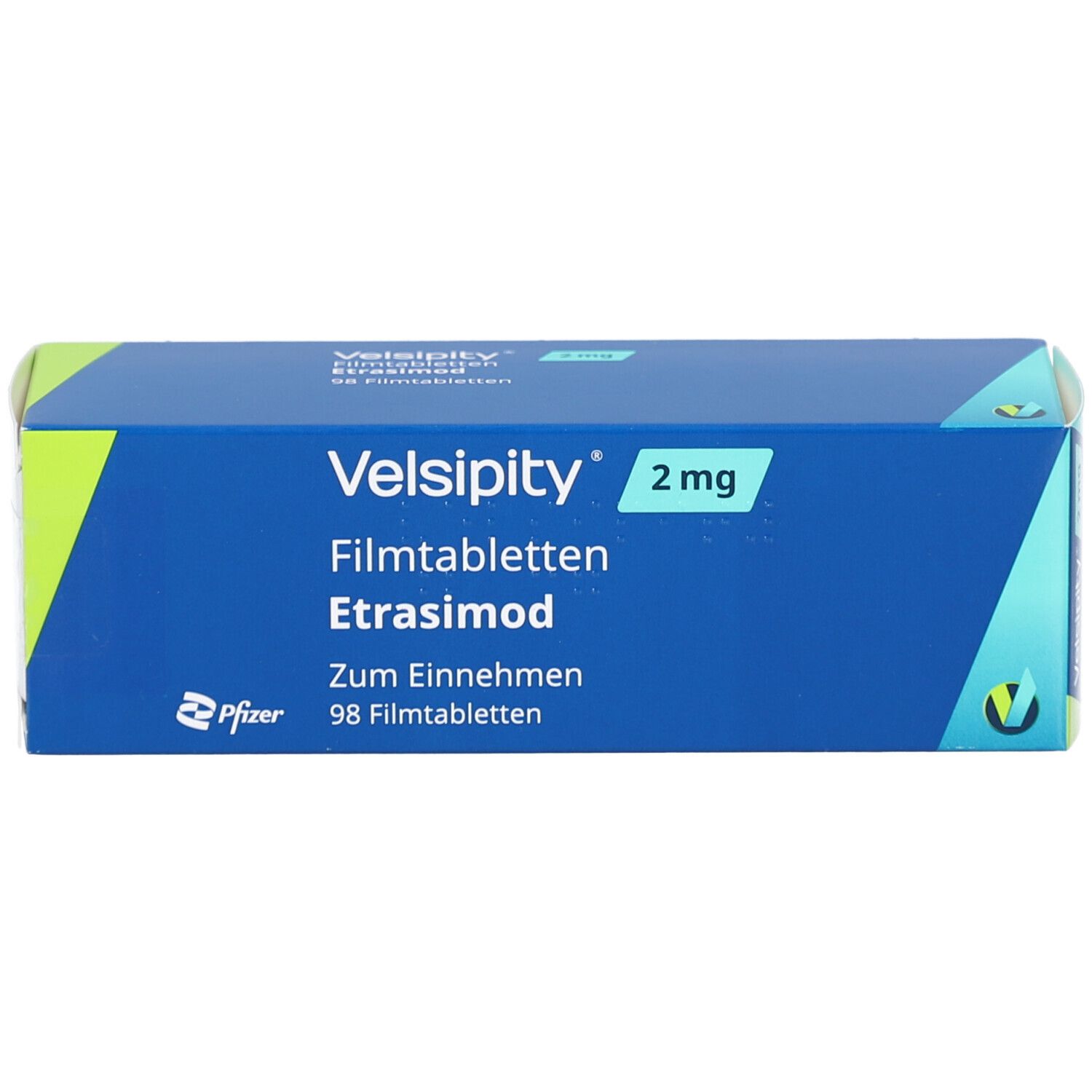 Velsipity 2 mg Filmtabletten-Schachtel. Blaue Schachtel mit weißer Schrift. Etasimod, 98 Filmtabletten. Pfizer-Logo.