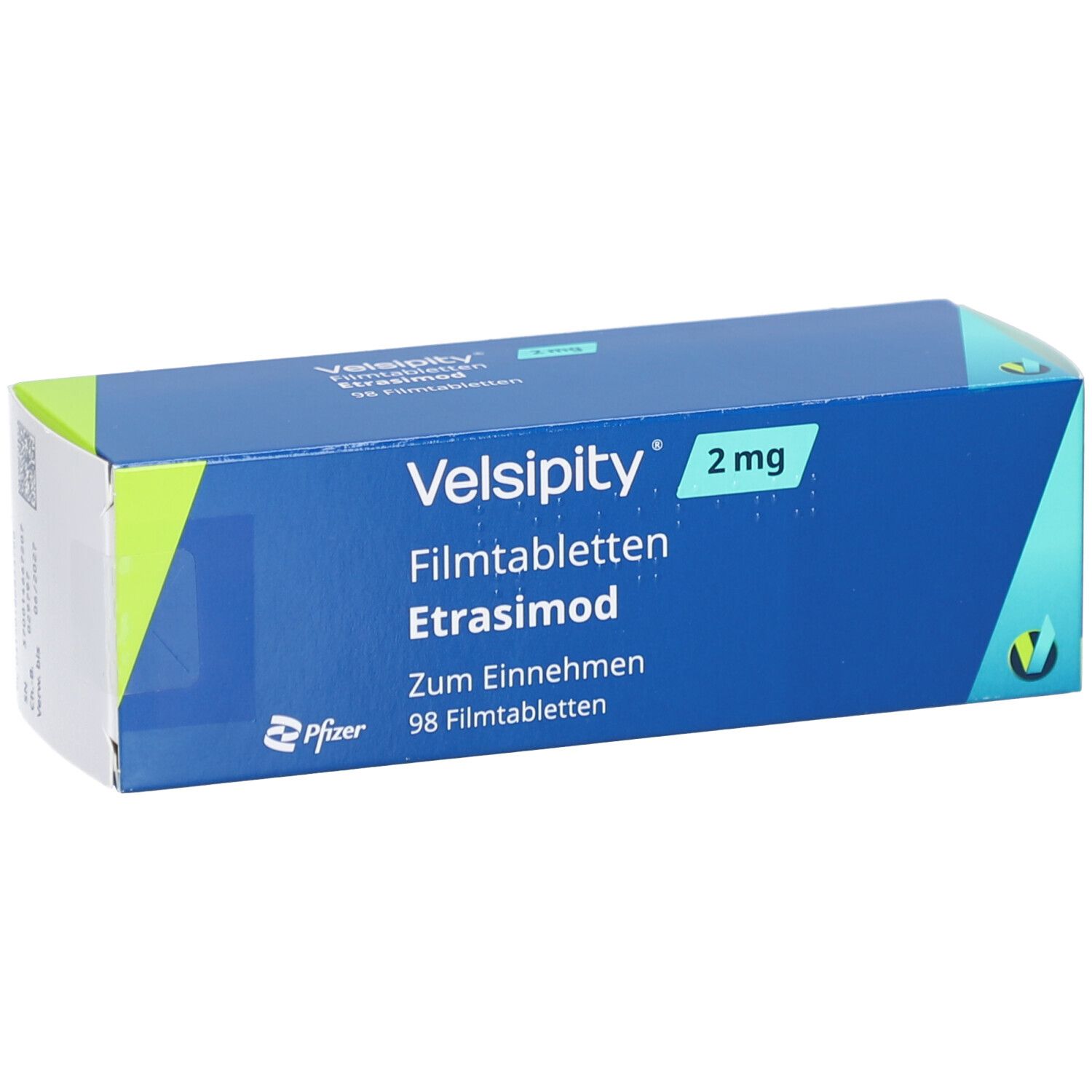 Velsipity 2 mg Filmtabletten-Schachtel. Blaue Schachtel mit weißer Schrift. Etasimod, 98 Filmtabletten. Pfizer-Logo.
