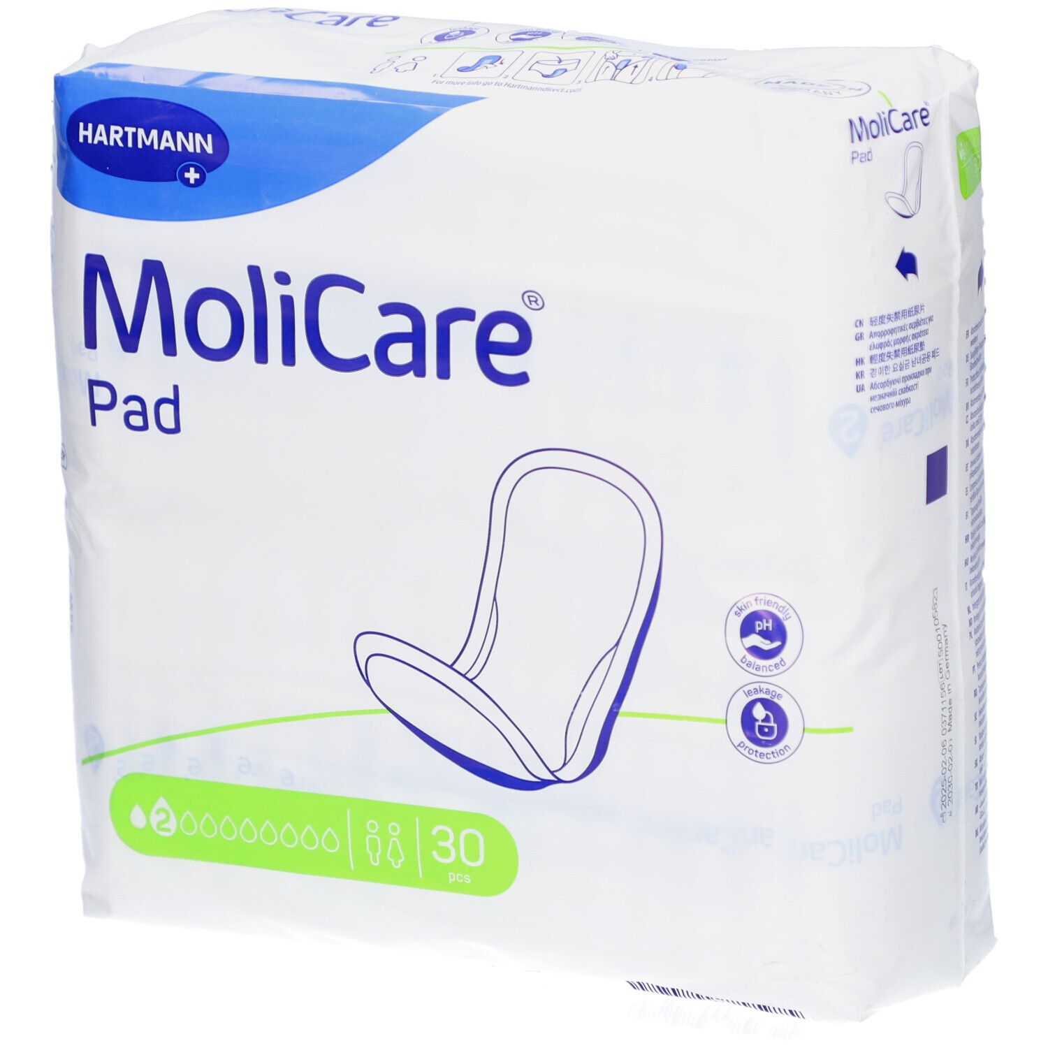Verpackung von MoliCare Pad. Marke Hartmann. Anatomische Einlagen, 30 Stück. Aufdruck mit Produktabbildung.