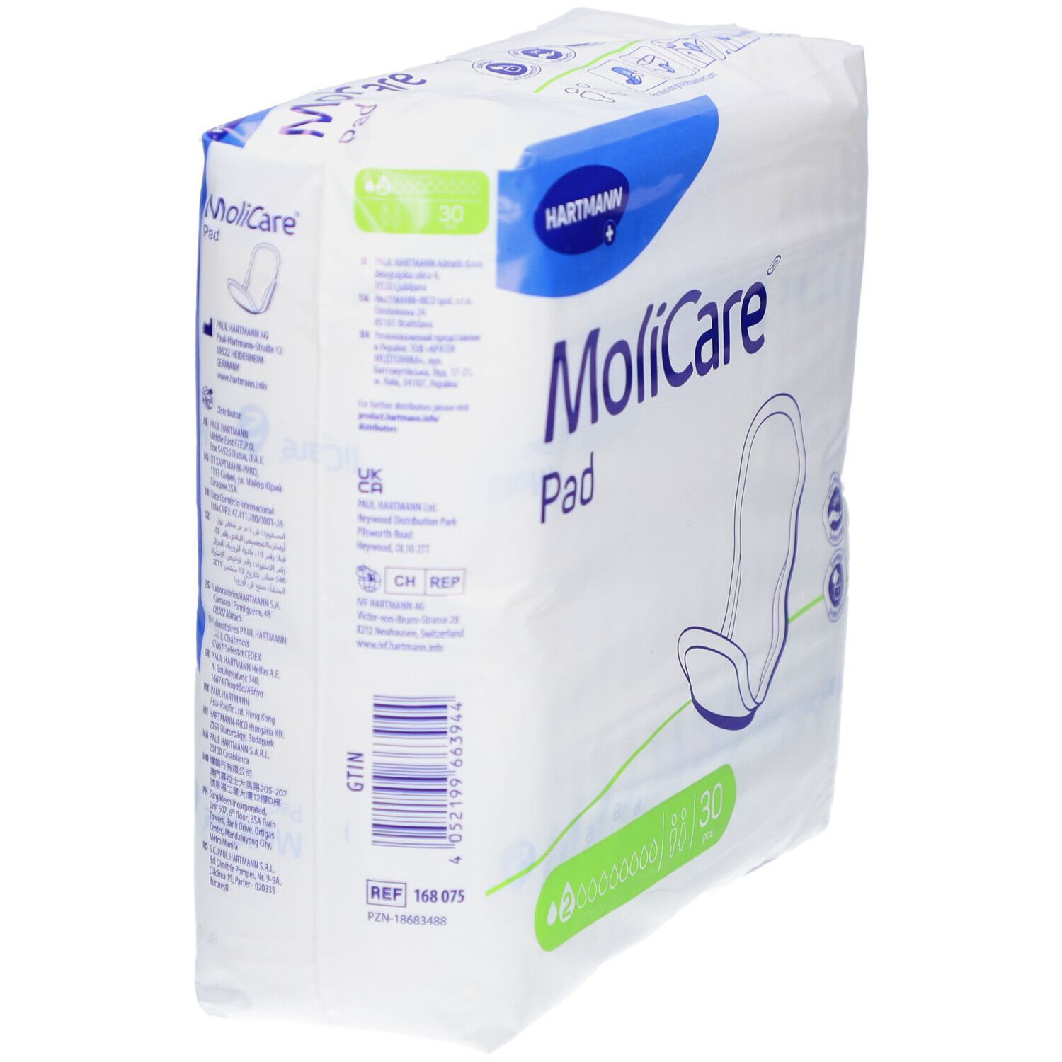 Verpackung von MoliCare Pad. Marke Hartmann. Anatomische Einlagen, 30 Stück. Produktabbildung und Text.