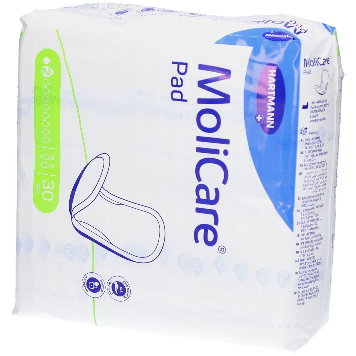 Verpackung von MoliCare Pad. Marke Hartmann. Anatomische Einlagen, 30 Stück. Produktabbildung und Text.