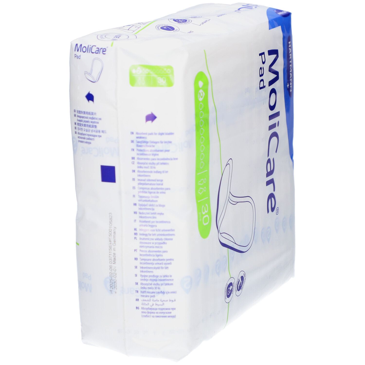 Verpackung von MoliCare Pad. Marke Hartmann. Anatomische Einlagen, 30 Stück. Produktabbildung und Text.