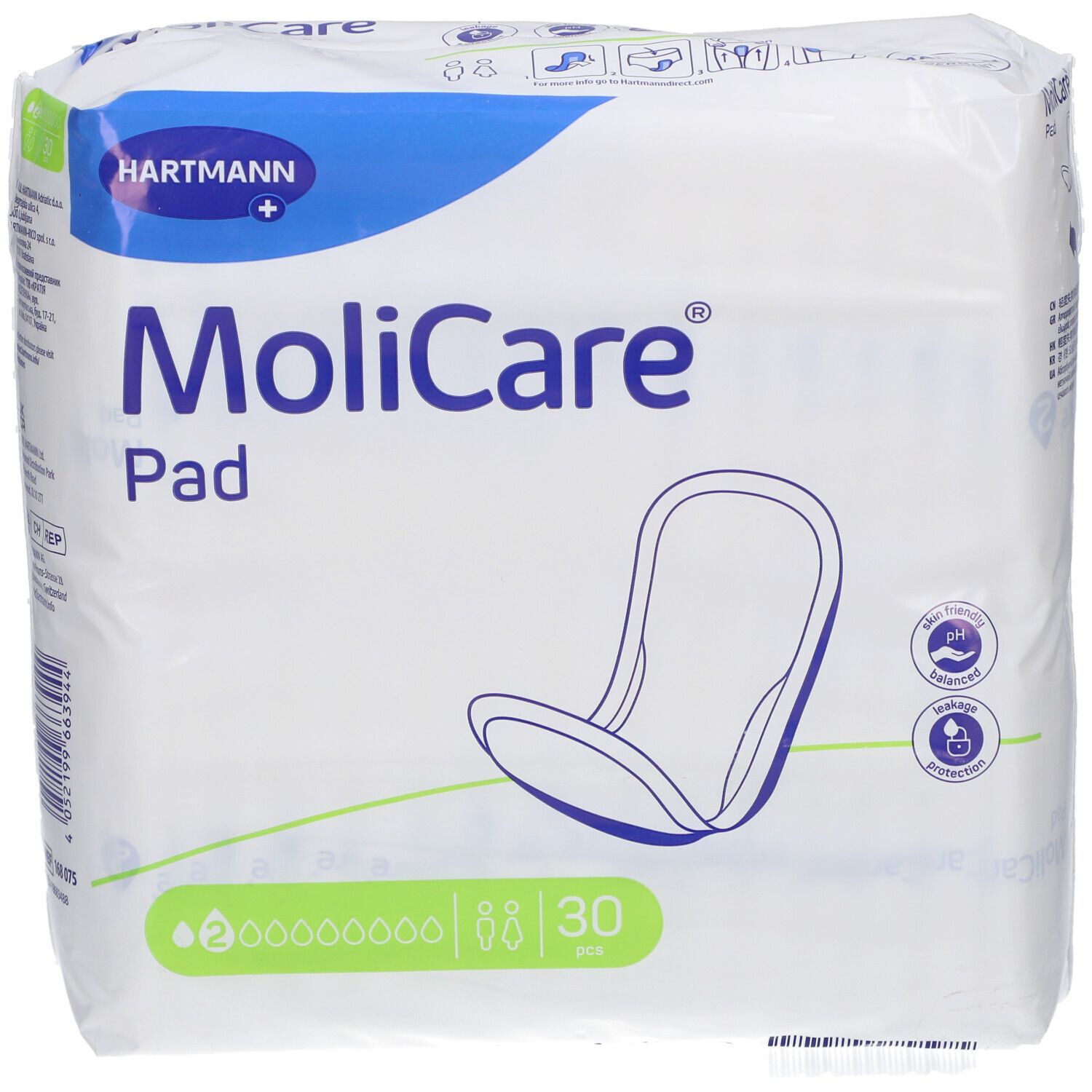 Verpackung von MoliCare Pad. Marke Hartmann. Anatomische Einlagen, 30 Stück. Produktabbildung und Text.