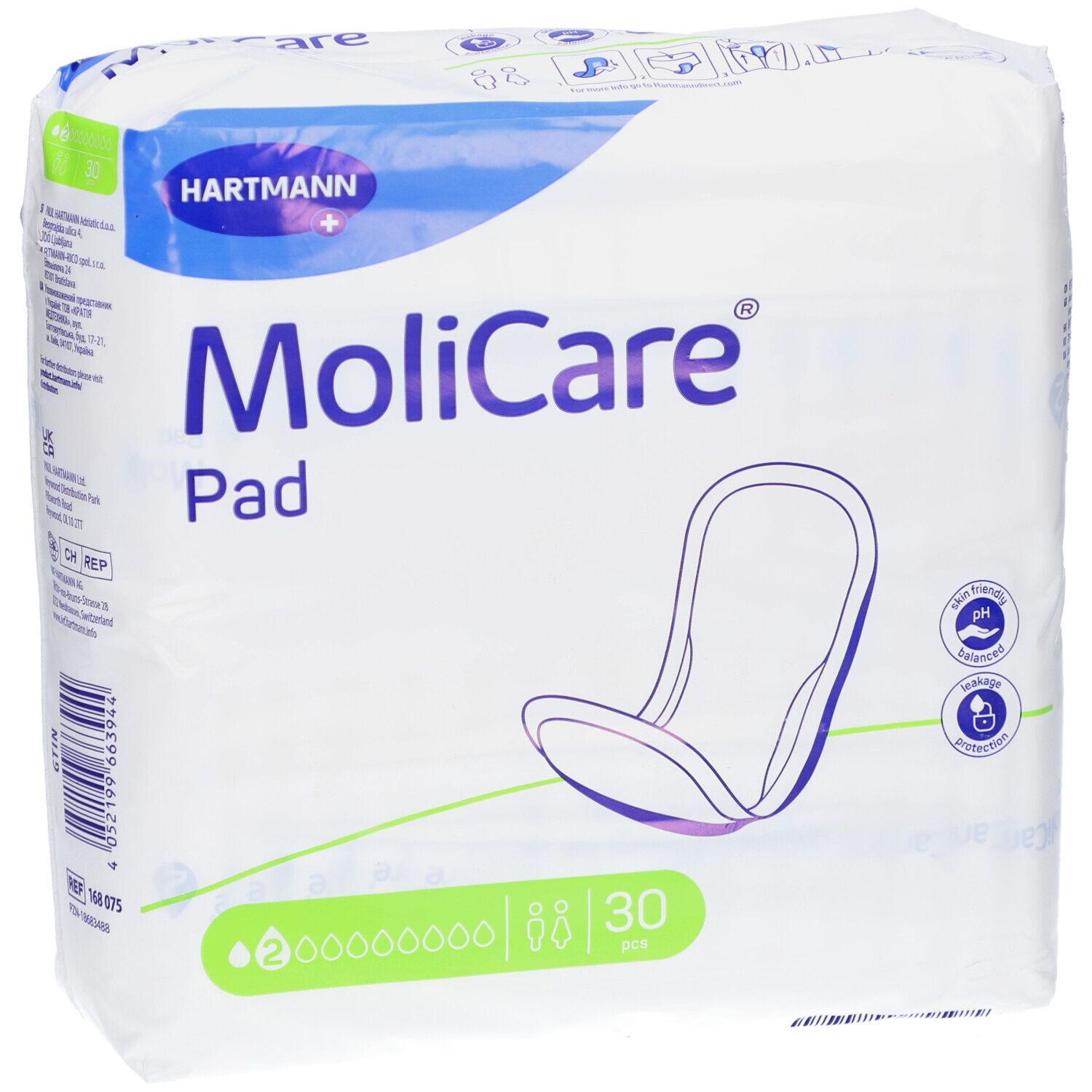 Verpackung von MoliCare Pad. Marke Hartmann. Anatomische Einlagen, 30 Stück. Produktabbildung und Text.