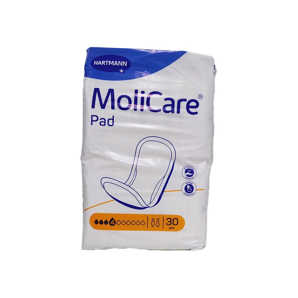 MoliCare Pad 4 Tropfen Packung. 30 Stück. Hartmann Logo. Weiße Verpackung mit Produktabbildung.