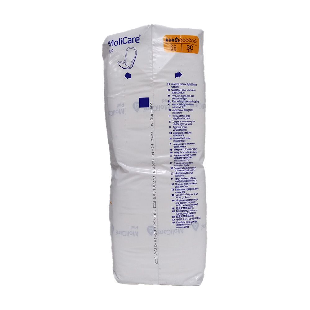 MoliCare Pad Packung, Seitenansicht. Text und Piktogramme. Weiße Verpackung. Herstellerinformationen.