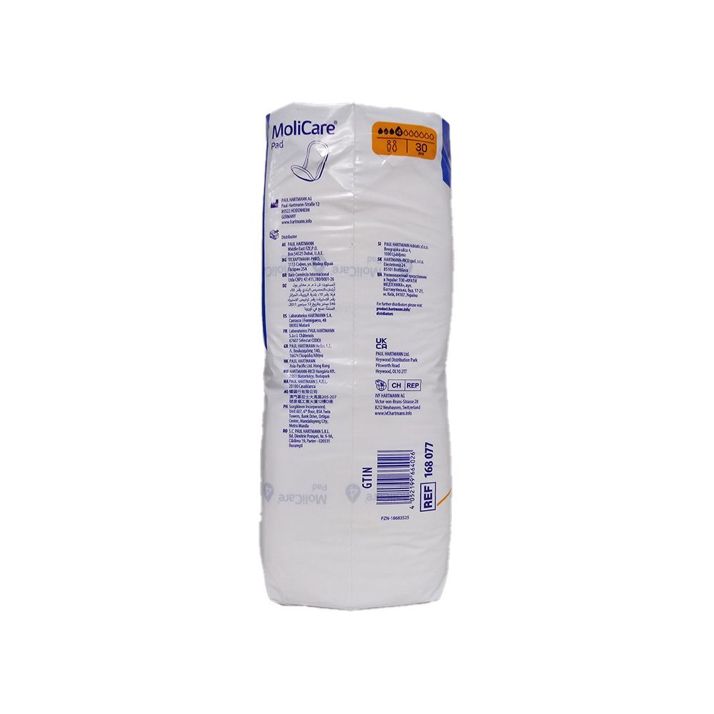 MoliCare Pad Packung, Rückseite. Text und Piktogramme. Weiße Verpackung. Referenznummer.