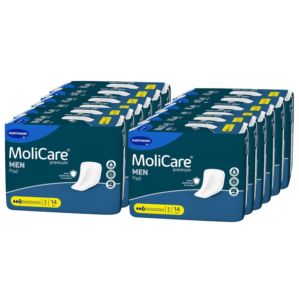 Mehrere Packungen MoliCare Premium MEN Pad. Blaue Verpackung mit Produktabbildung und Logo. 8 x 14 Stück.