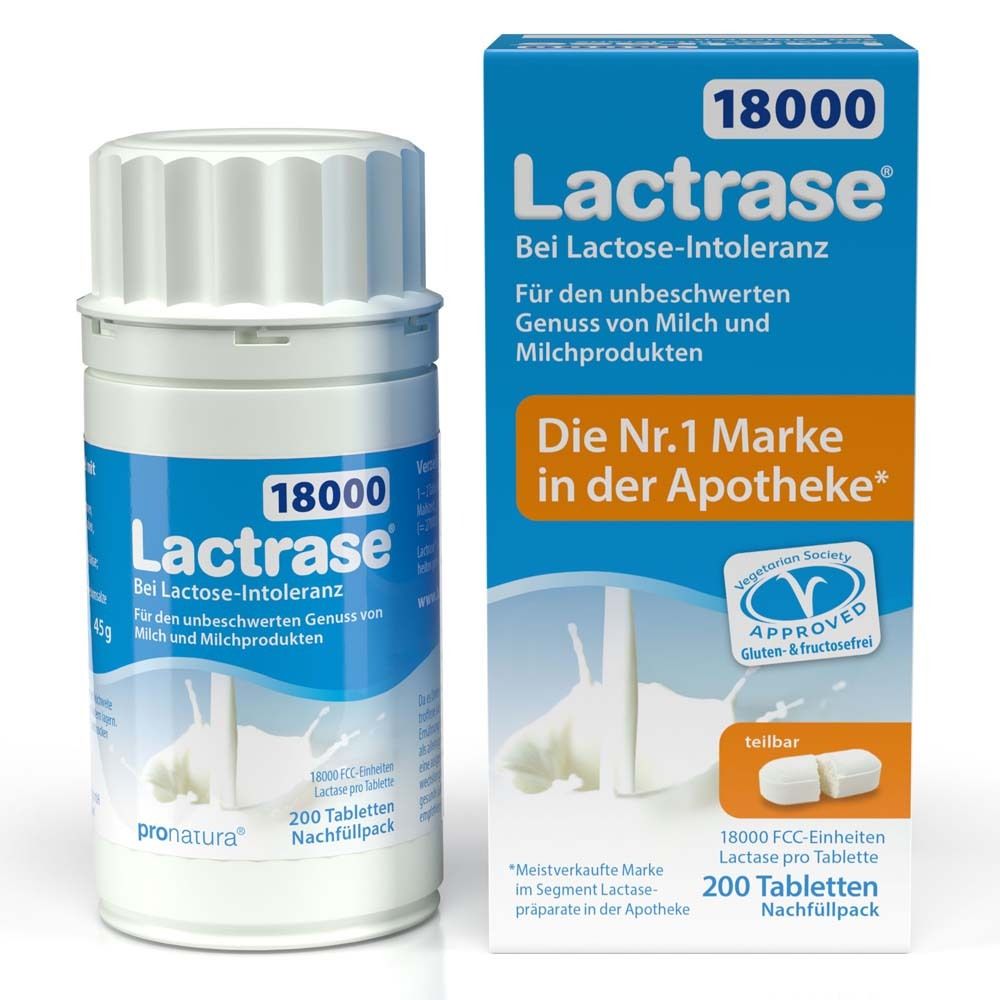 Produktverpackung von LACTRASE 18.000 FCC Tabletten. Flasche und Karton mit Produktinformationen und Logo. Enthält 200 Tabletten.