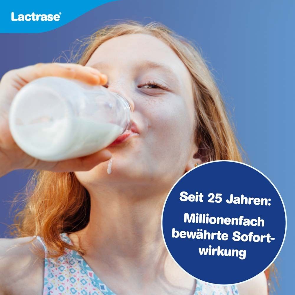 Ein Mädchen trinkt Milch aus einer Flasche. Text: Seit 25 Jahren: Millionenfach bewährte Sofortwirkung. Das LACTRASE-Logo ist oben links.