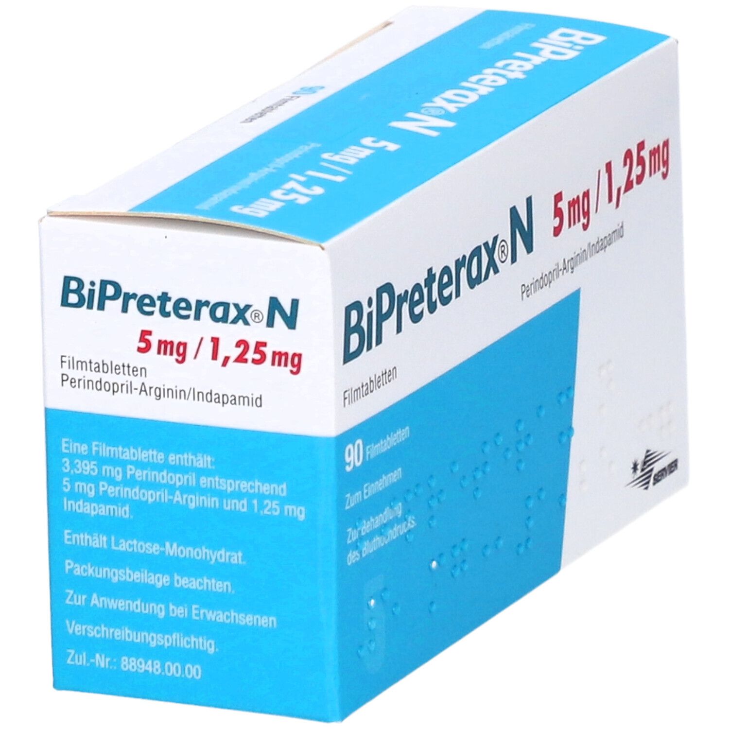 Schachtel BiPreterax N 5 mg/1,25 mg. Enthält 90 Filmtabletten. Text mit Inhaltsstoffen und Anwendungshinweisen. Weiße und blaue Verpackung.