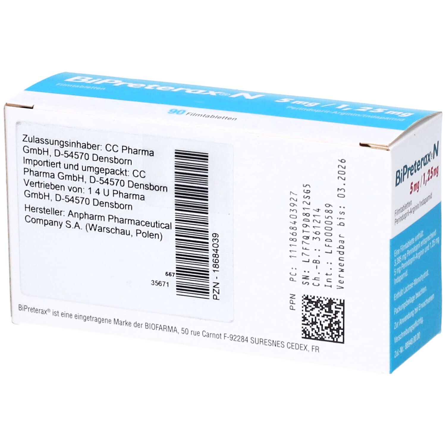 Rückseite der Schachtel BiPreterax N 5 mg/1,25 mg. Enthält Informationen zu Hersteller, Importeur und Chargennummer. Weiße Verpackung.