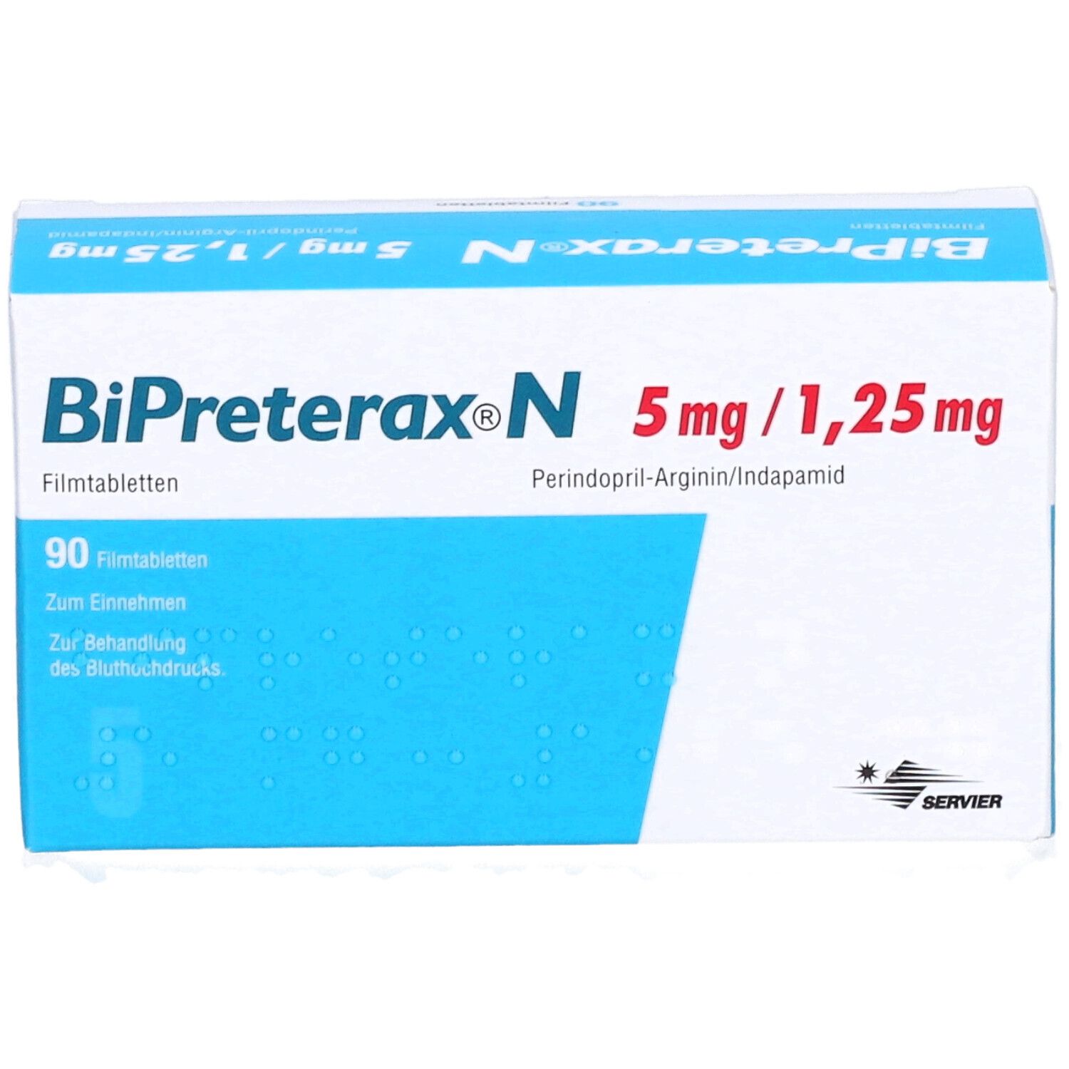 Schachtel mit BiPreterax N 5 mg/1,25 mg Filmtabletten. Weiße Schachtel mit blauer Schrift. Enthält 90 Filmtabletten.