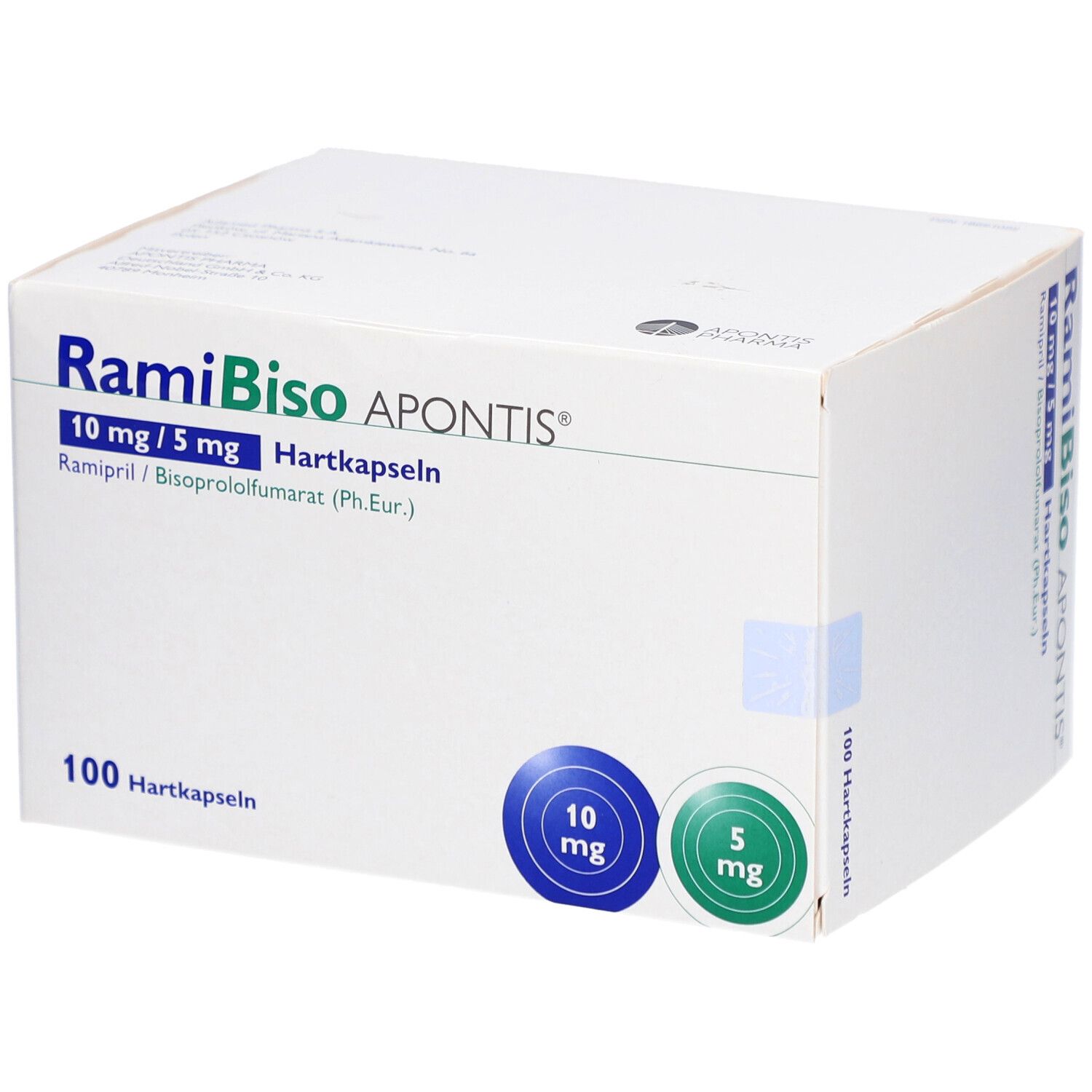 Weiße Kartonverpackung mit blauen und grünen Kreisen. Aufschrift: RamiBiso APONTIS 10 mg/5 mg Hartkapseln. 100 Hartkapseln.