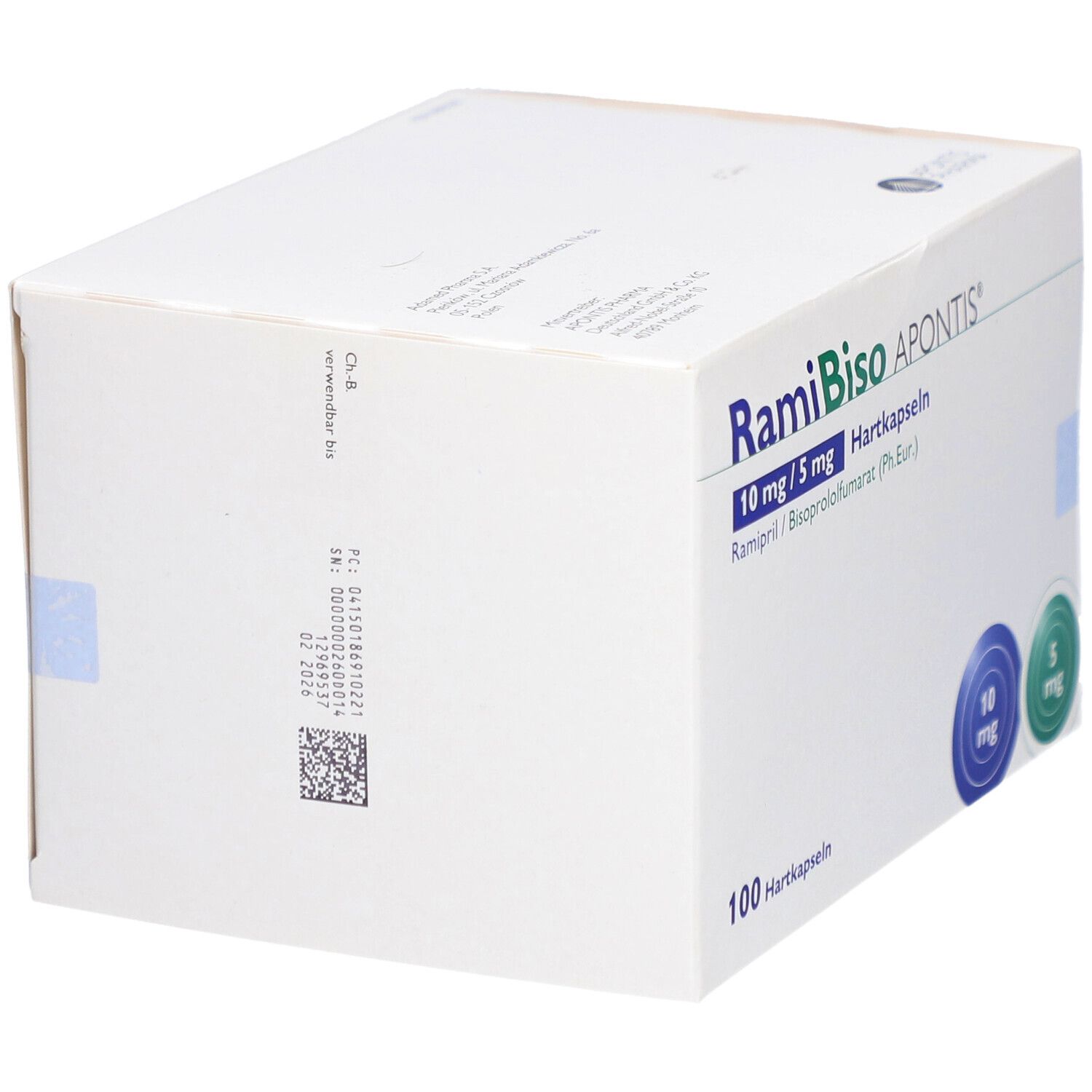 Weiße Kartonverpackung mit Aufschrift: RamiBiso APONTIS 10 mg/5 mg Hartkapseln. 100 Hartkapseln. QR-Code und blaue/grüne Kreise.