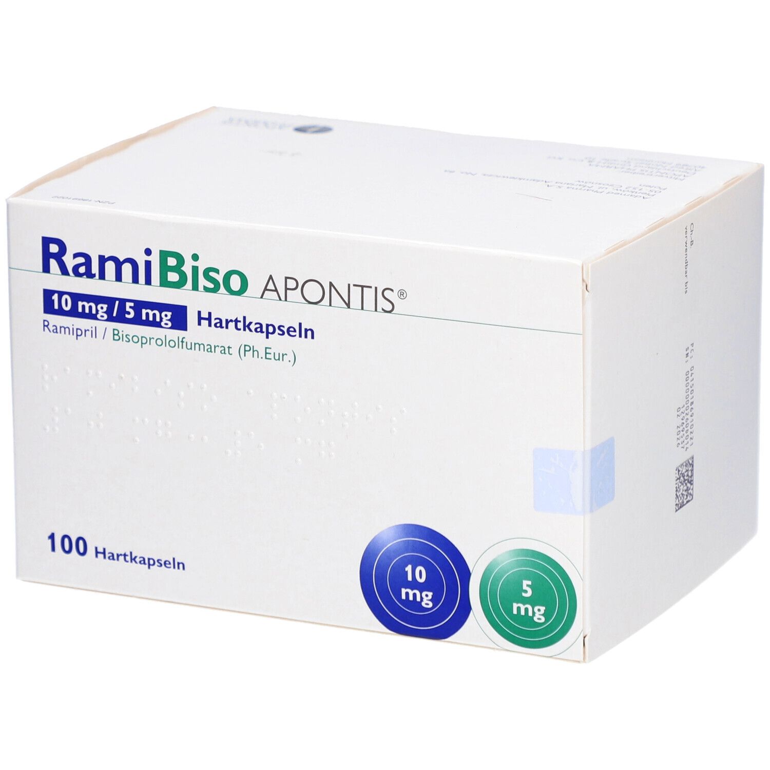 Weiße Kartonverpackung mit Aufschrift: RamiBiso APONTIS 10 mg/5 mg Hartkapseln. 100 Hartkapseln. Blaue und grüne Kreise.