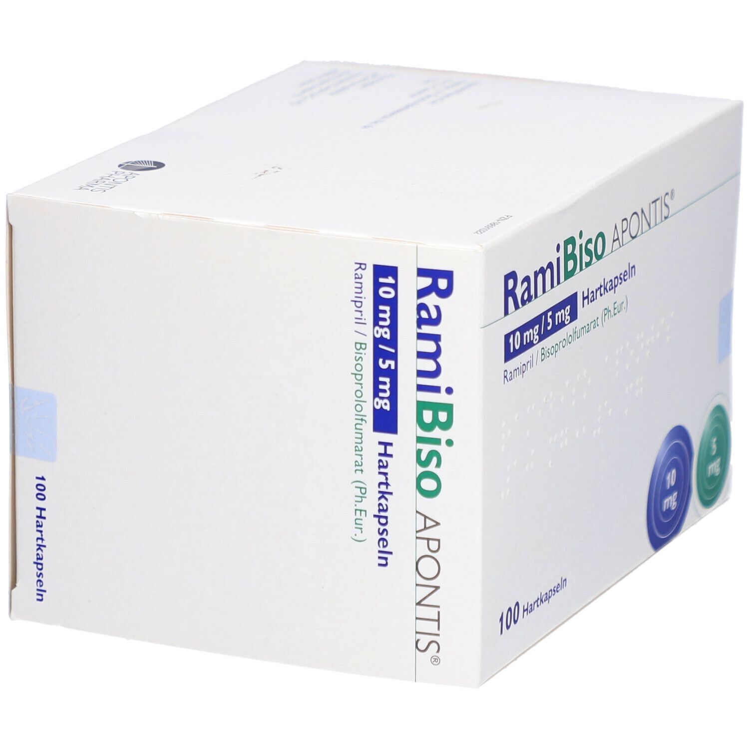 Weiße Kartonverpackung mit Aufschrift: RamiBiso APONTIS 10 mg/5 mg Hartkapseln. 100 Hartkapseln. Blaue und grüne Kreise.