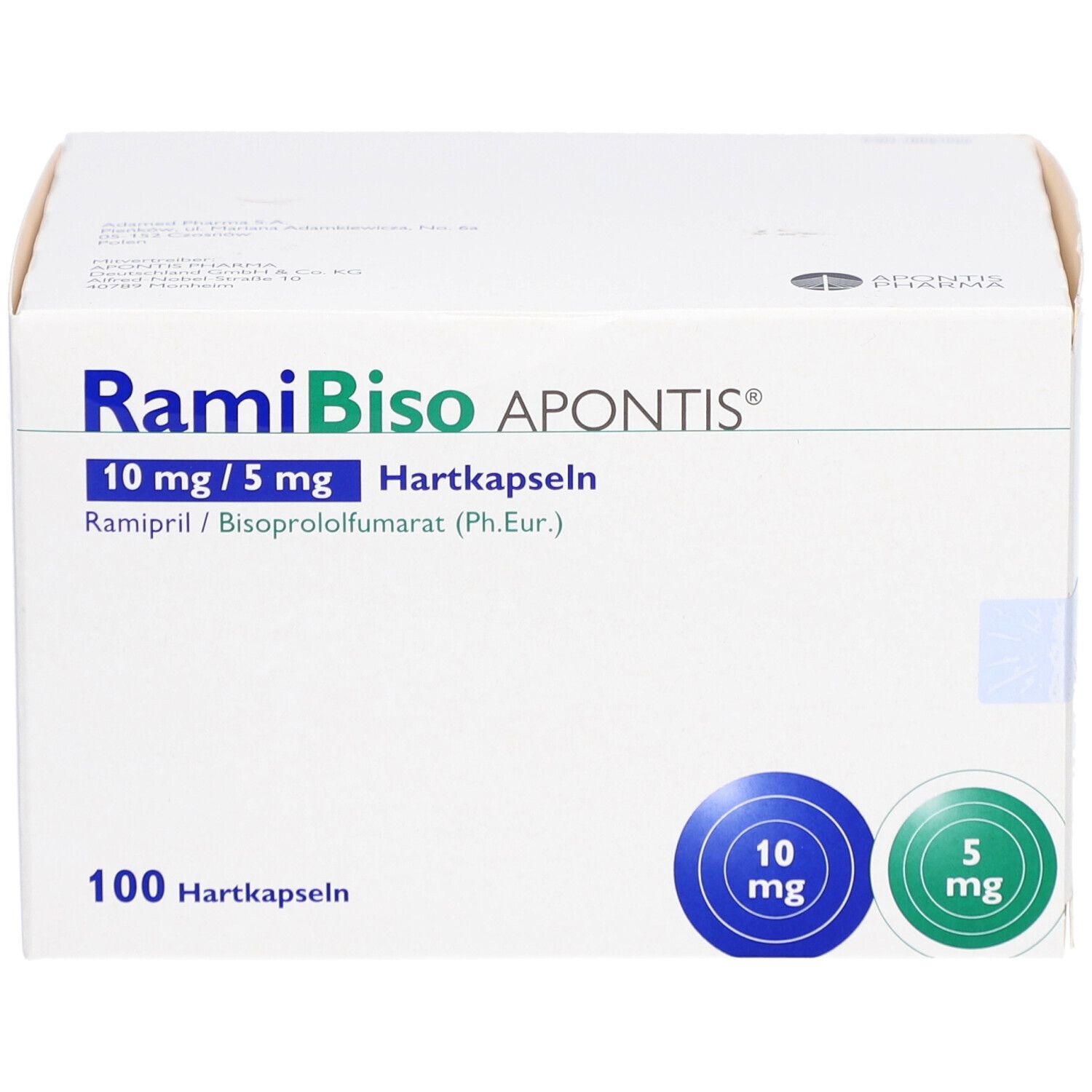 Weiße Kartonverpackung mit Aufschrift: RamiBiso APONTIS 10 mg/5 mg Hartkapseln. 100 Hartkapseln. Blaue und grüne Kreise.