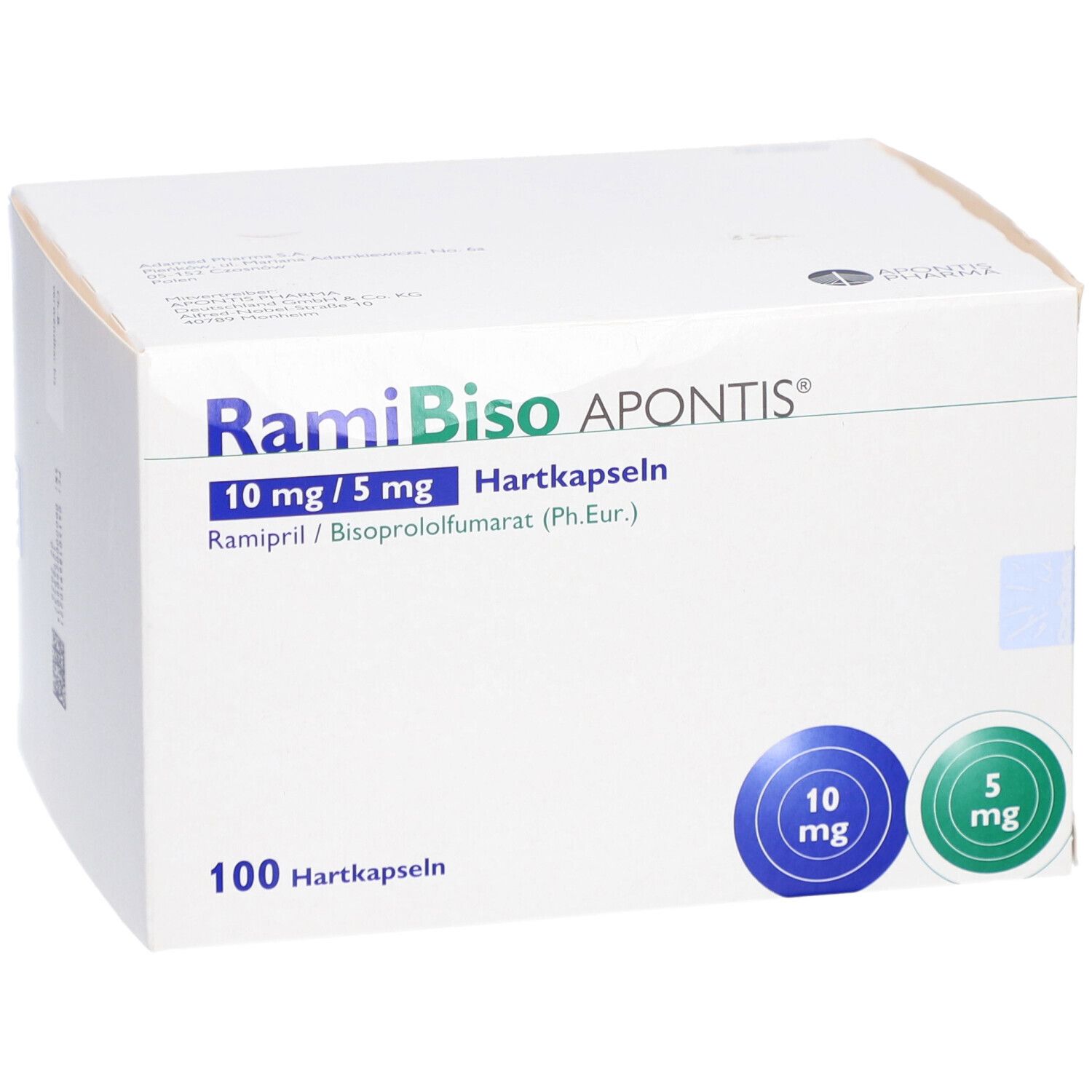 Weiße Kartonverpackung mit Aufschrift: RamiBiso APONTIS 10 mg/5 mg Hartkapseln. 100 Hartkapseln. Blaue und grüne Kreise.
