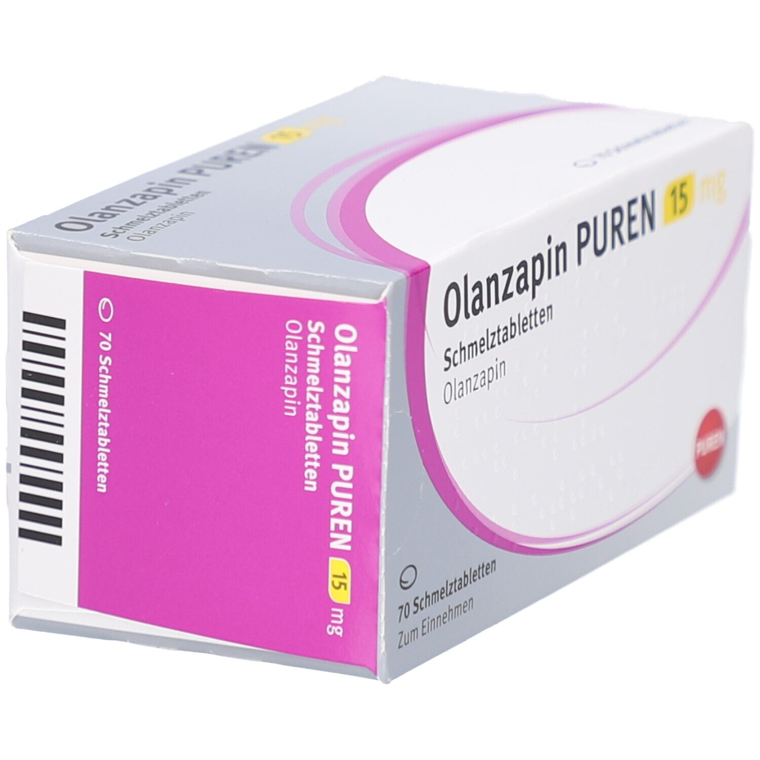 Schachtel OLANZAPIN PUREN 15 mg Schmelztabletten. 70 Tabletten. Pinke und weiße Verpackung. PUREN Logo.