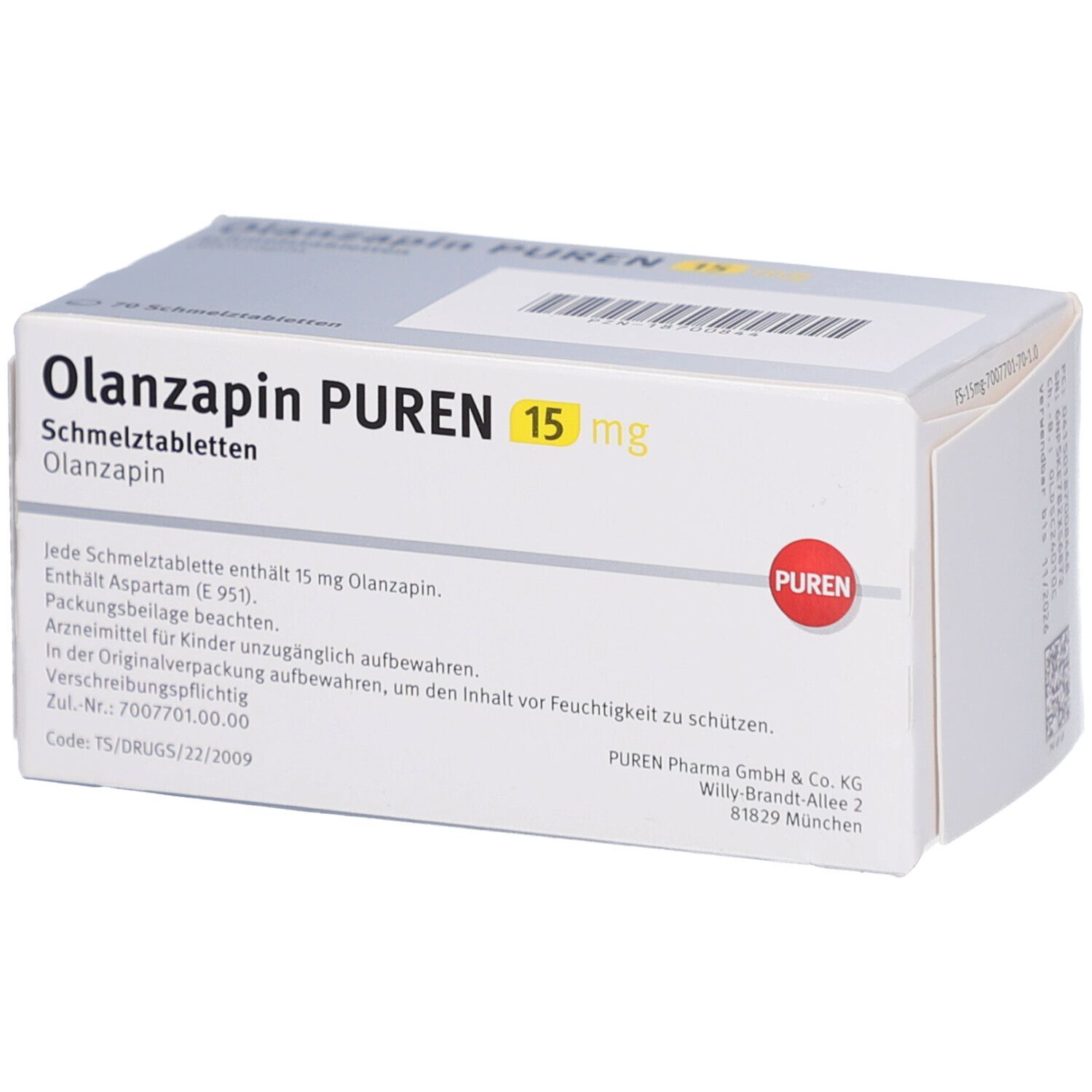 Schachtel OLANZAPIN PUREN 15 mg Schmelztabletten. 70 Tabletten. Weiße Verpackung mit Text. PUREN Logo.