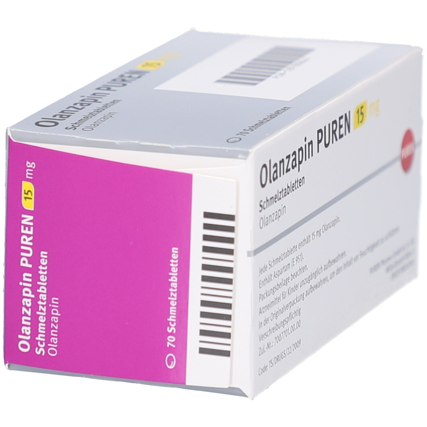 Schachtel OLANZAPIN PUREN 15 mg Schmelztabletten. 70 Tabletten. Pinke und weiße Verpackung. PUREN Logo.