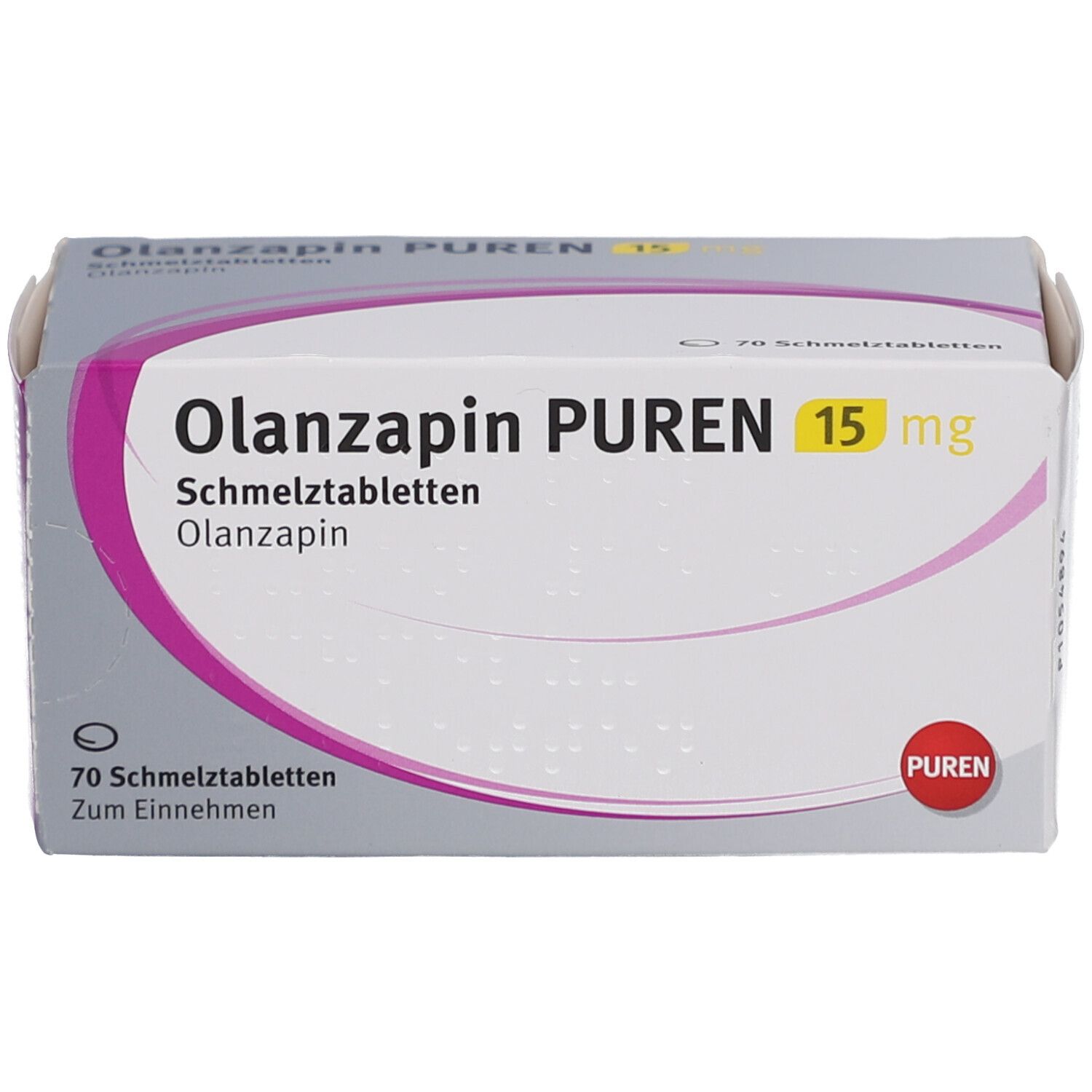 Schachtel OLANZAPIN PUREN 15 mg Schmelztabletten. Rosa und weiß. 70 Schmelztabletten. PUREN-Logo.