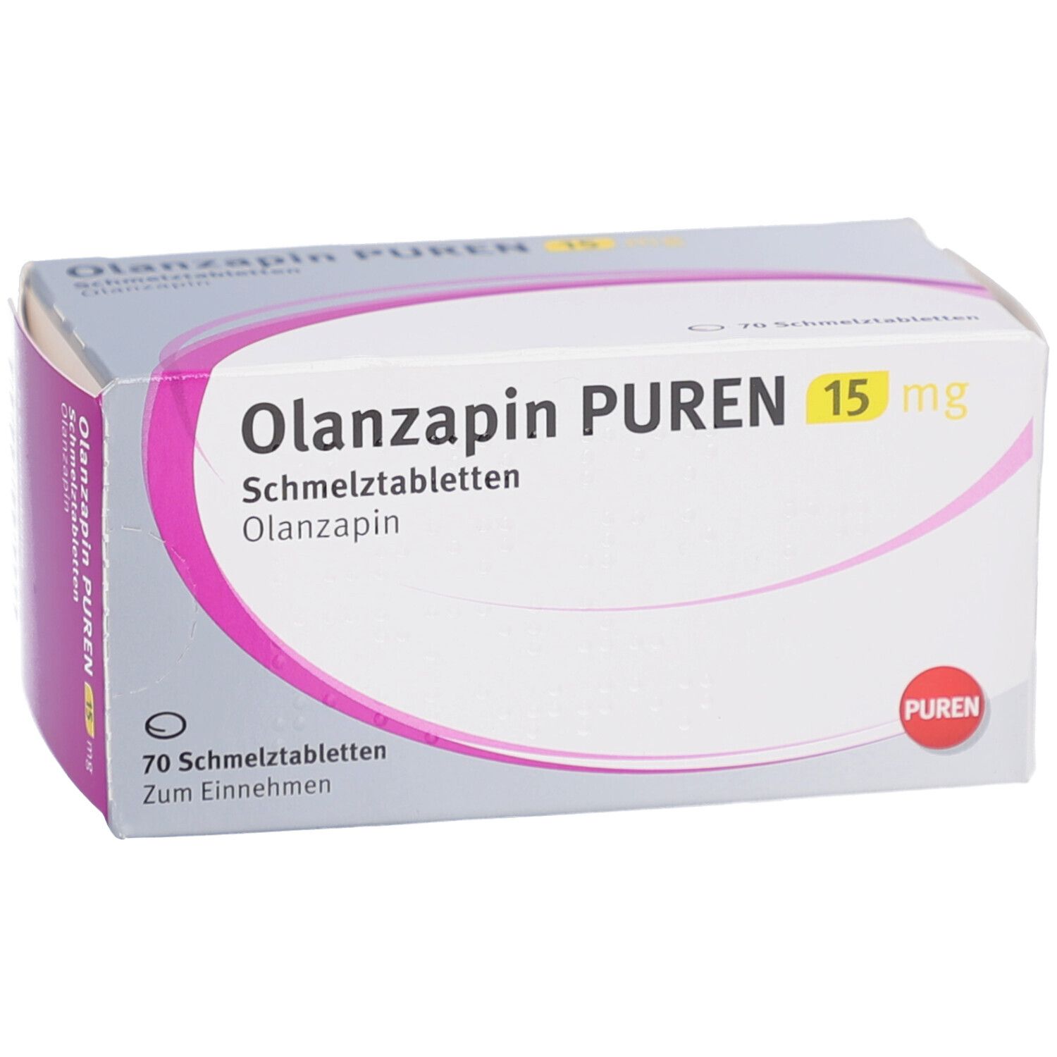Schachtel OLANZAPIN PUREN 15 mg Schmelztabletten. 70 Tabletten. Pinke und weiße Verpackung. PUREN Logo.