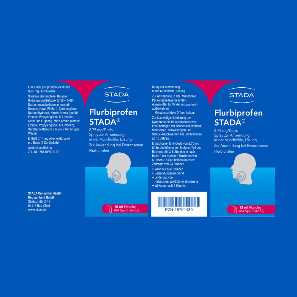 Verpackung mit Produktinformationen. Text: Flurbiprofen STADA®, 8,75 mg/Dosis, Spray zur Anwendung in der Mundhöhle.