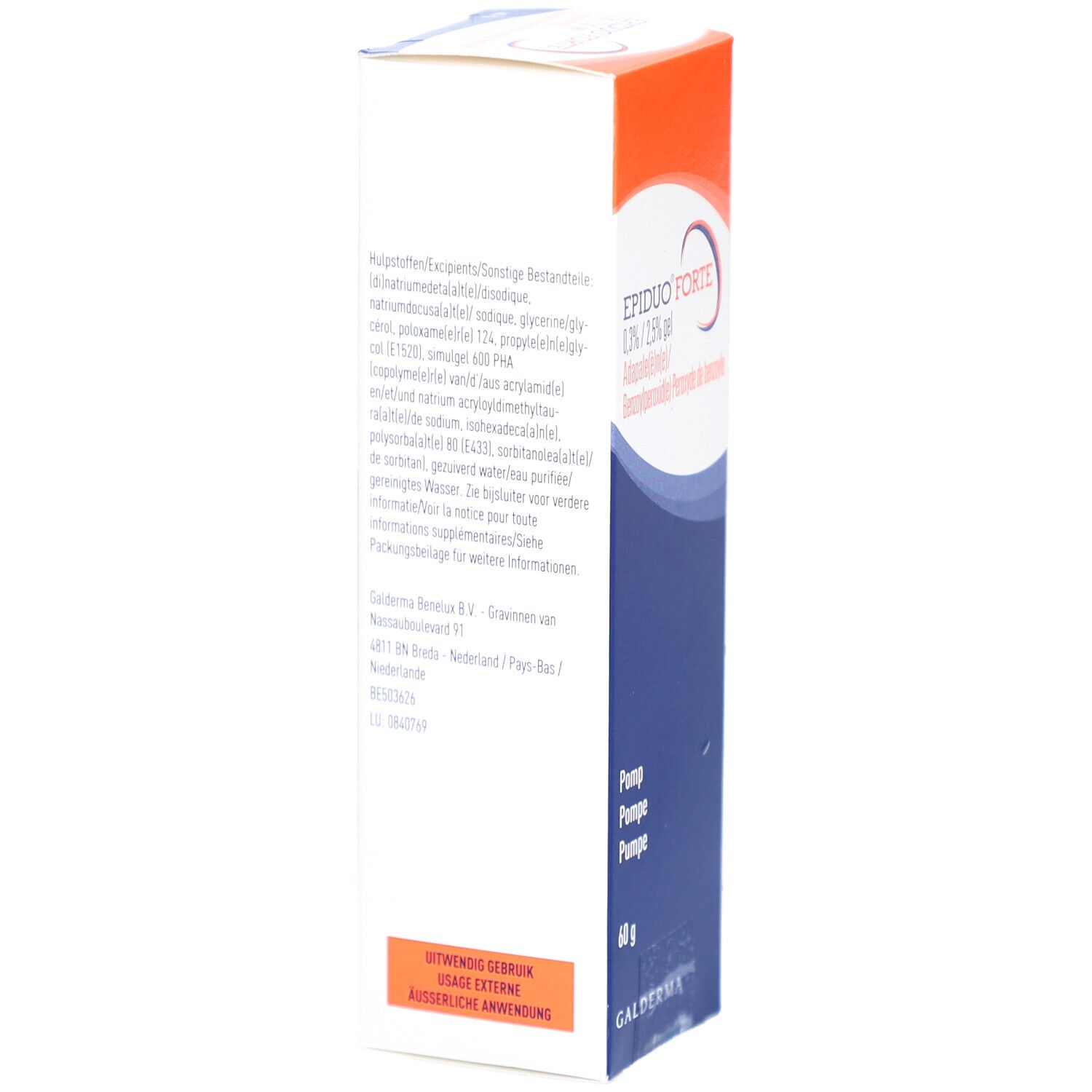 Rückseite der EPIDUO FORTE Gel-Verpackung. Enthält Inhaltsstoffe und Herstellerinformationen. Galderma.