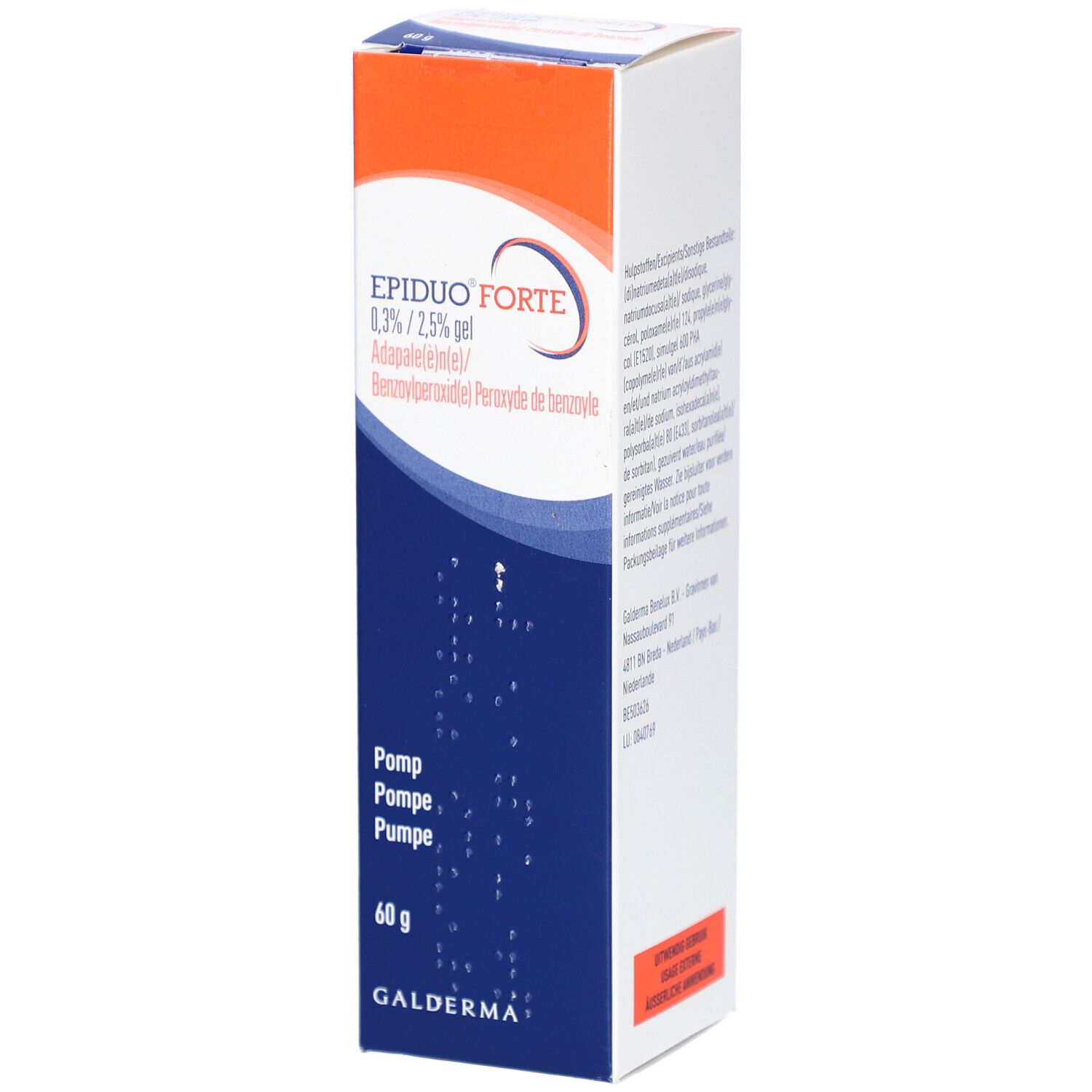 Schachtel mit EPIDUO FORTE Gel. Orange-weiß-blaue Verpackung. Enthält 60g. Galderma Logo.