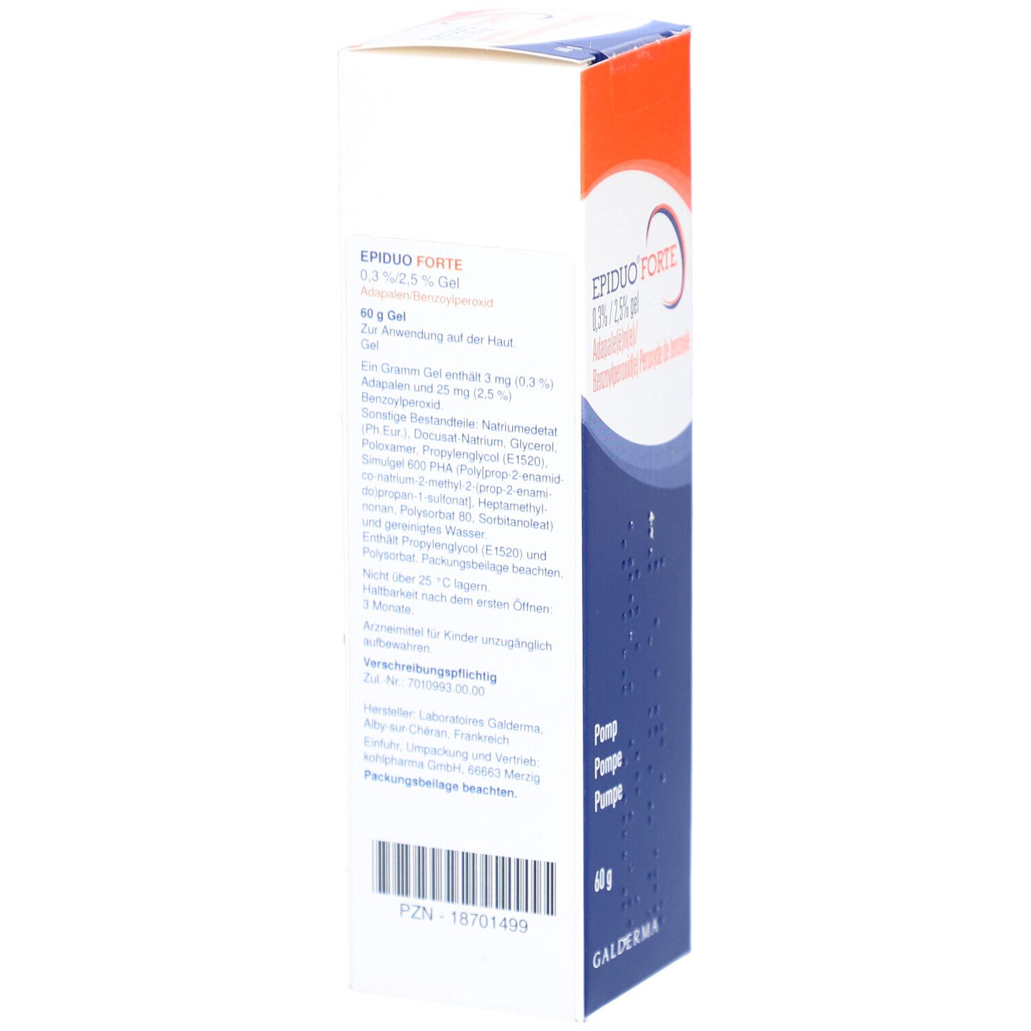Seite der EPIDUO FORTE Gel-Verpackung. Enthält Informationen zur Anwendung. Galderma.