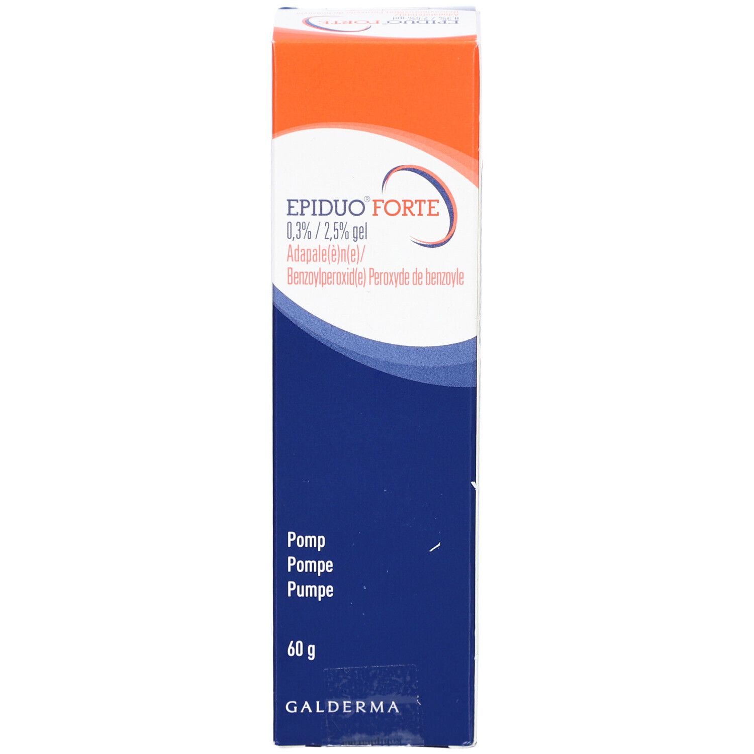 EPIDUO FORTE Gel-Verpackung. Orange, blau und weiß. Enthält 60g. Galderma Logo.