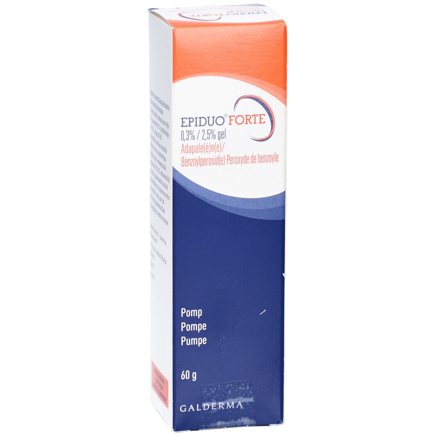 EPIDUO FORTE Gel-Verpackung. Orange, blau und weiß. Enthält 60g. Galderma Logo.