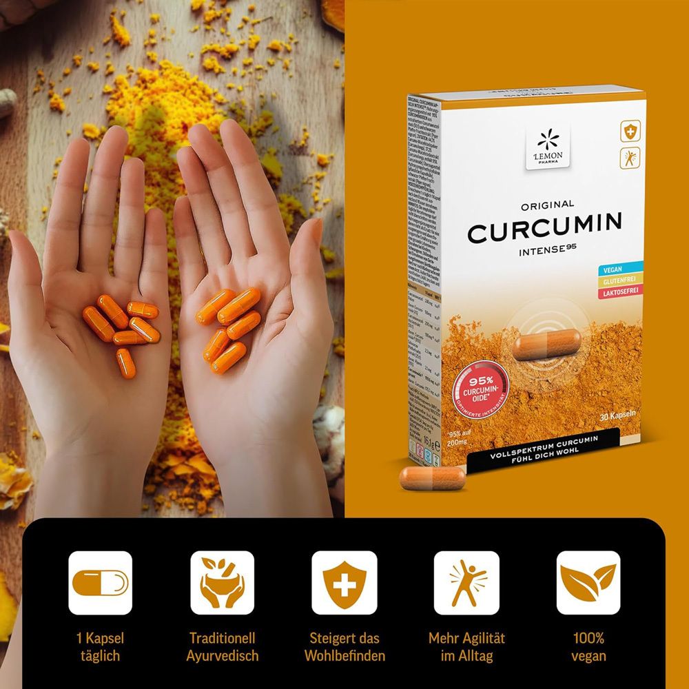 Hände mit Kapseln. Box mit Original Curcumin Intense95. Vegan, glutenfrei, laktosefrei. 1 Kapsel täglich.
