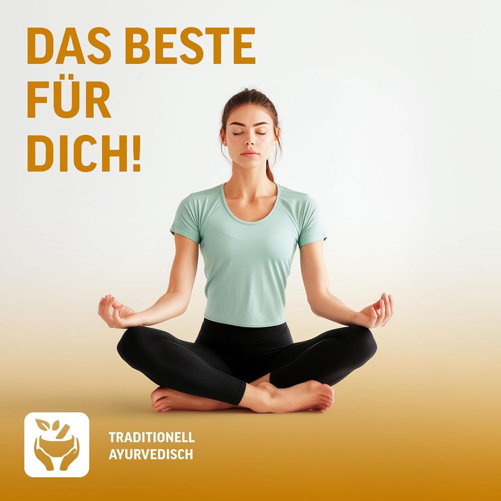 Frau sitzt im Schneidersitz. Text: Das Beste für dich! Traditionell Ayurvedisch.