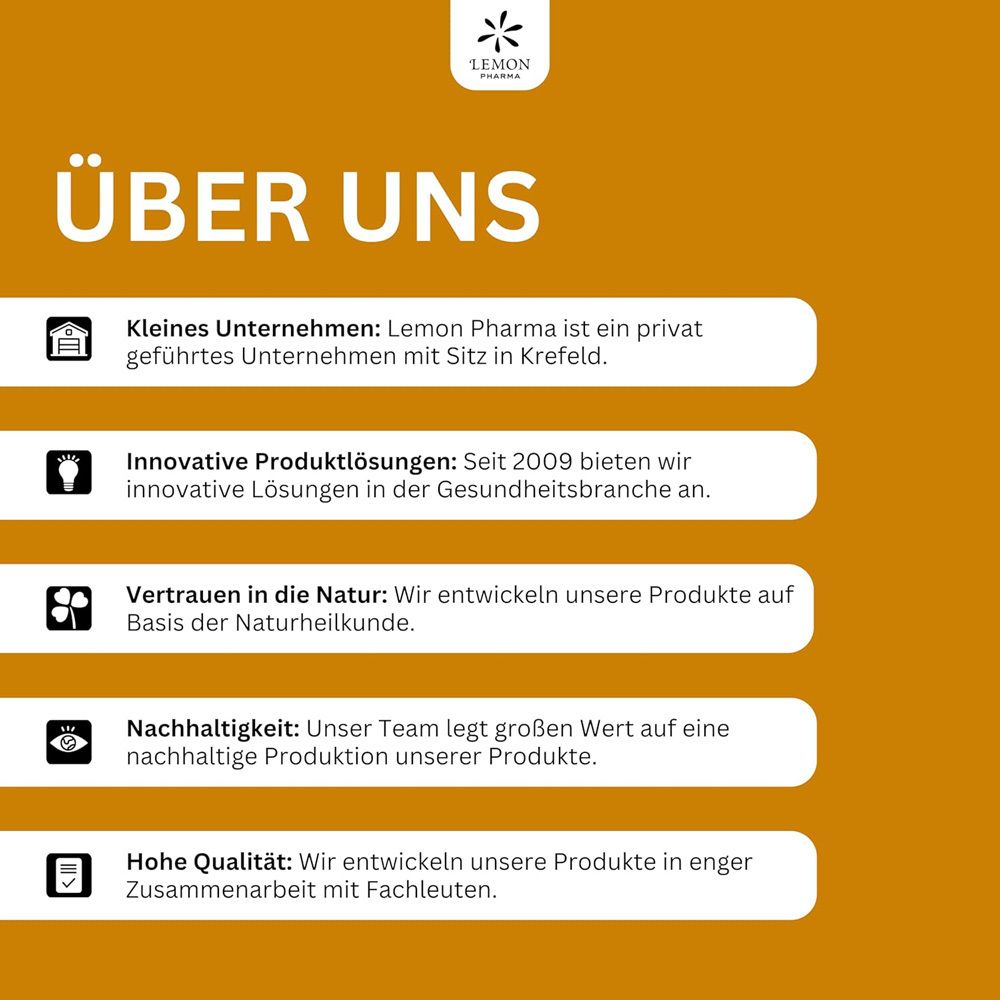 Infografik: Über uns. Kleines Unternehmen, innovative Lösungen, Vertrauen in die Natur, Nachhaltigkeit, hohe Qualität.