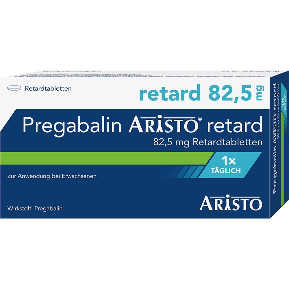Packung PREGABALIN Aristo retard 82,5 mg Retardtabletten. Blaue und weiße Schachtel mit Produktinformationen und Logo.