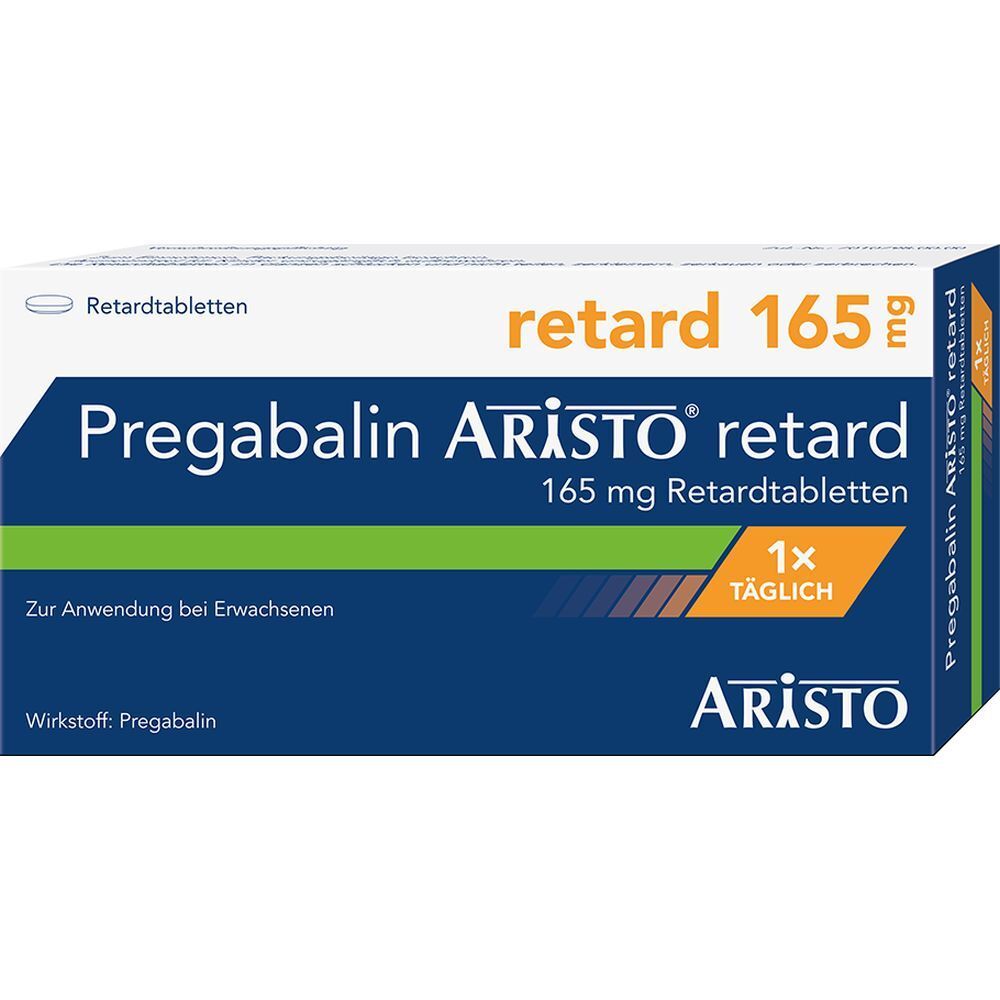 Packung PREGABALIN Aristo retard 165 mg Retardtabletten. Blaue und weiße Schachtel mit Produktinformationen und Logo.