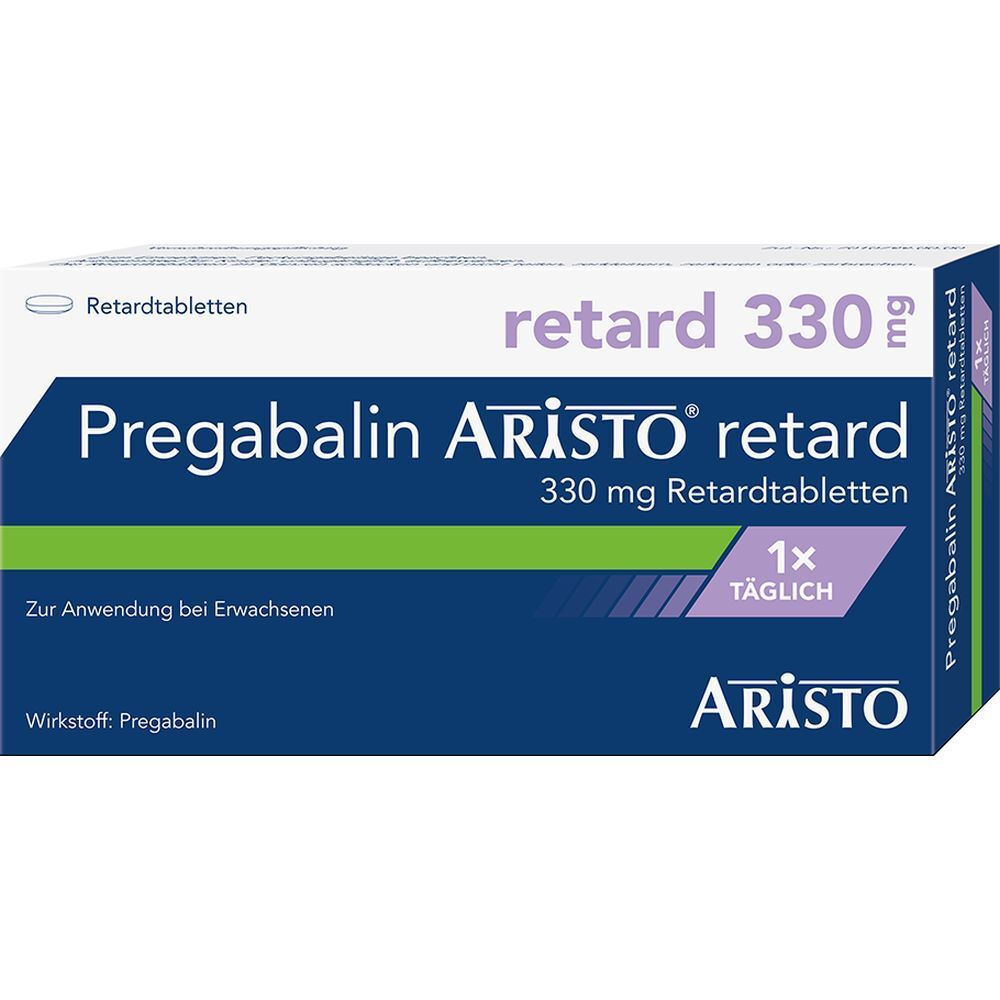 Aristo Pregabalin retard 330 mg Retardtabletten-Packung. Blaue Schachtel mit weißer Schrift. 1x täglich.