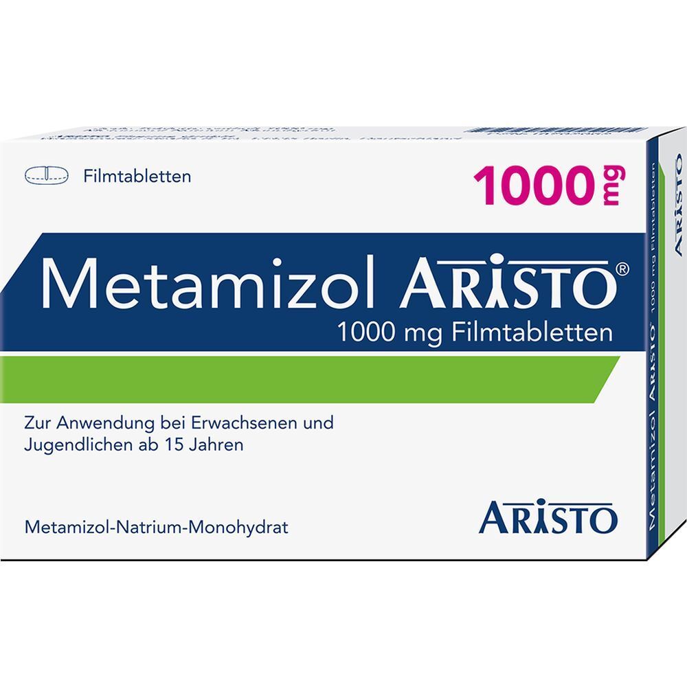 Weiße Schachtel mit blauer und grüner Schrift. Aufschrift: Metamizol Aristo 1000 mg Filmtabletten. 1000 mg in Pink.