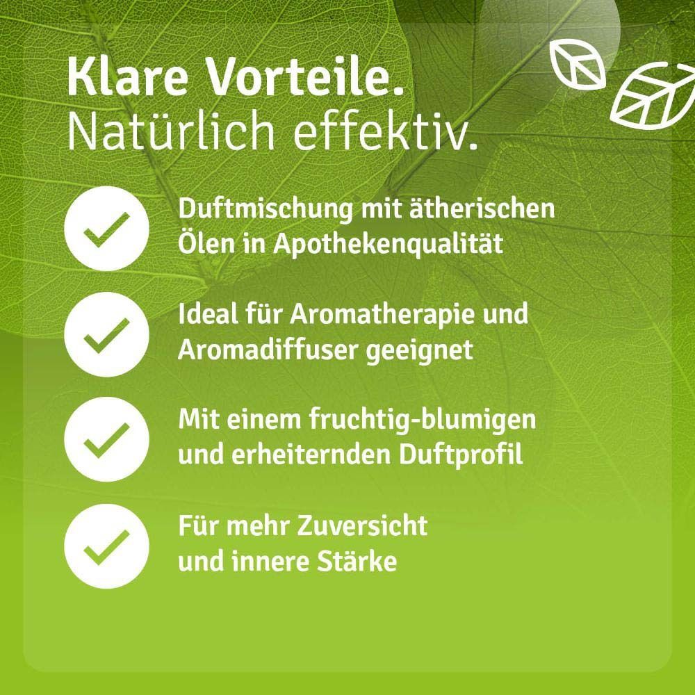 Produktflasche mit grünen Icons. Duftmischung mit ätherischen Ölen. Ideal für Aromatherapie und Aromadiffuser.