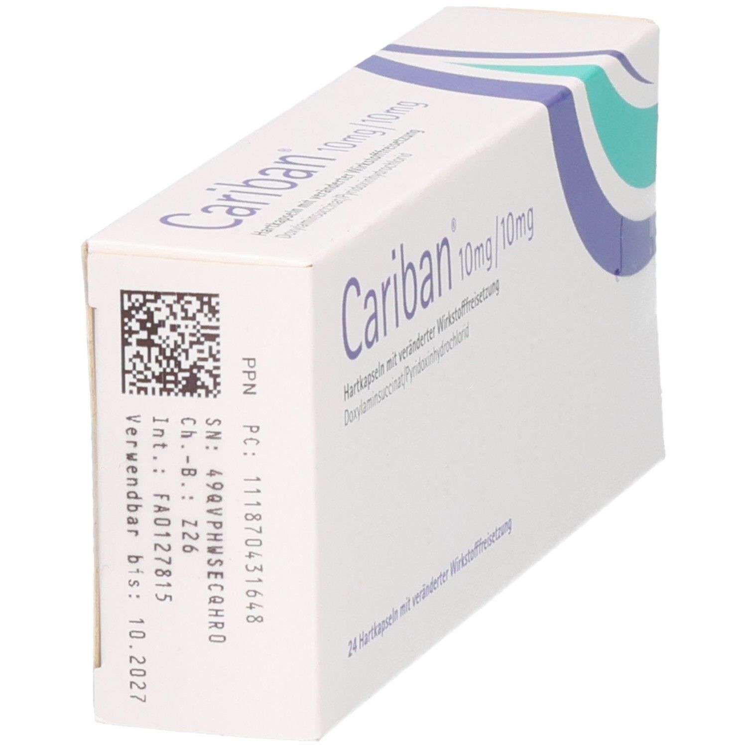 Cariban 10mg/10mg Hartkapseln Schachtel, Rückseite mit Chargennummer und Verfallsdatum.
