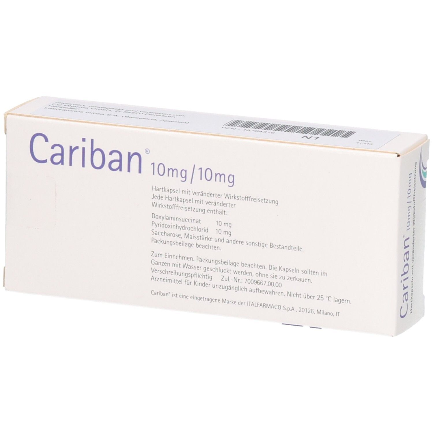 Cariban 10mg/10mg Hartkapseln Schachtel, Vorderseite mit Details zu Wirkstoffen.