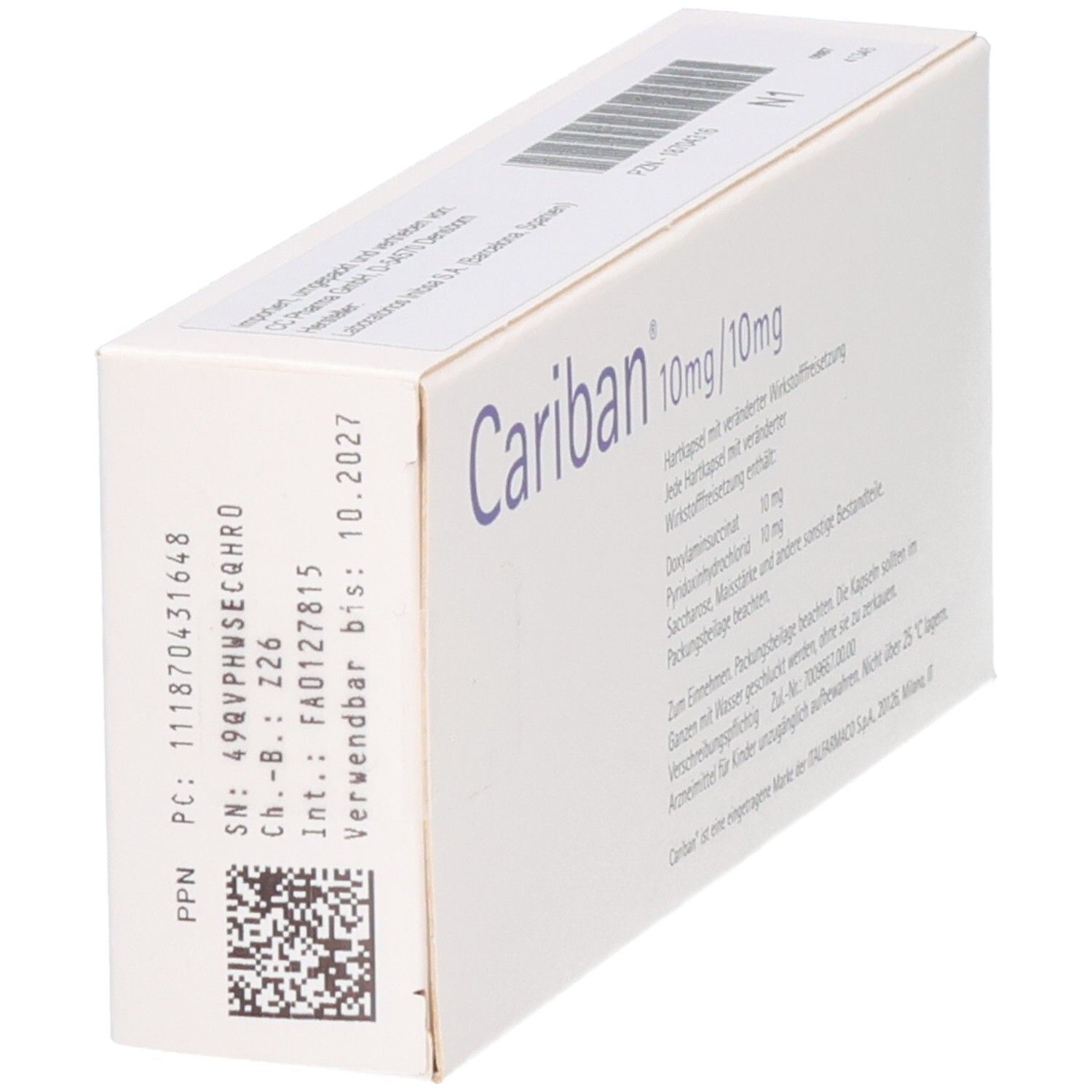 Cariban 10mg/10mg Hartkapseln Schachtel, Seite mit Chargennummer und Verfallsdatum.