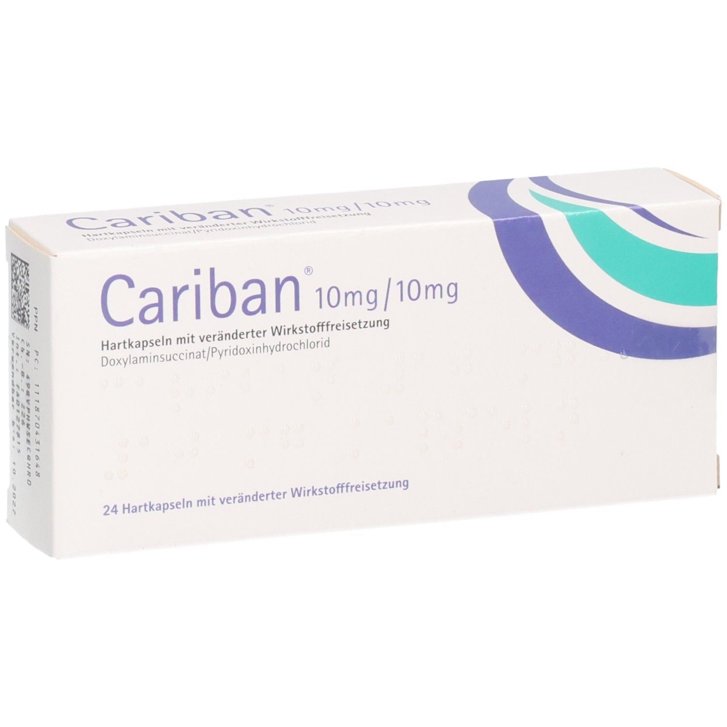 Cariban 10mg/10mg Hartkapseln Schachtel, Vorderseite mit Produktnamen und Dosierung.