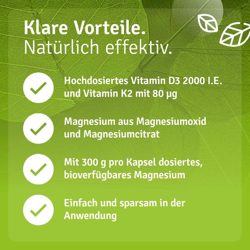 Grüner Hintergrund mit Text: Hochdosiertes Vitamin D3 2000 I.E. und Vitamin K2 mit 80 µg. Magnesium.